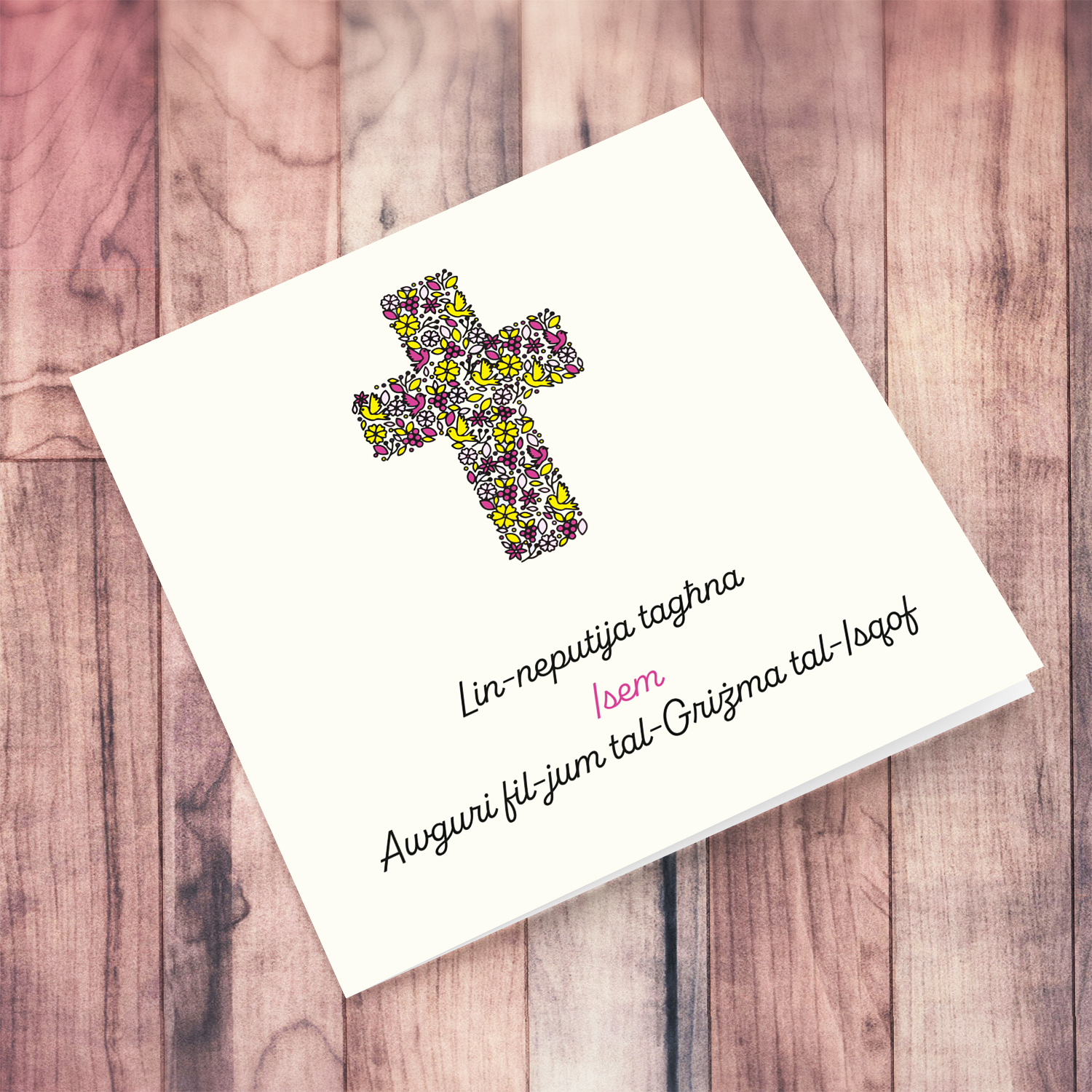 Niece - Modern Confirmation card with floral cross (with touches of pink and yellow) in a light shaded background in Maltese
