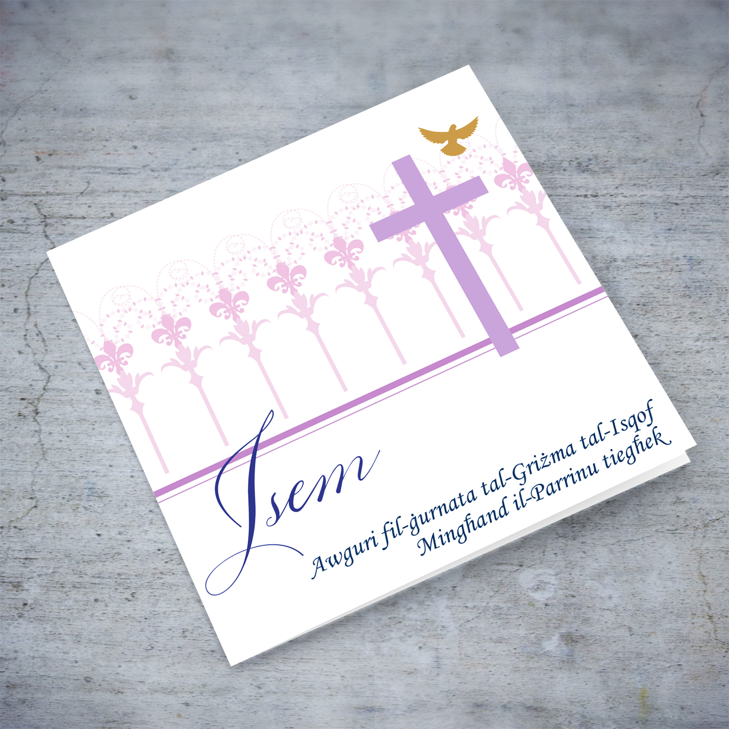 Confirmation card with purple cross from Sponsor (male) / Parrinu in Maltese (Personalisable)