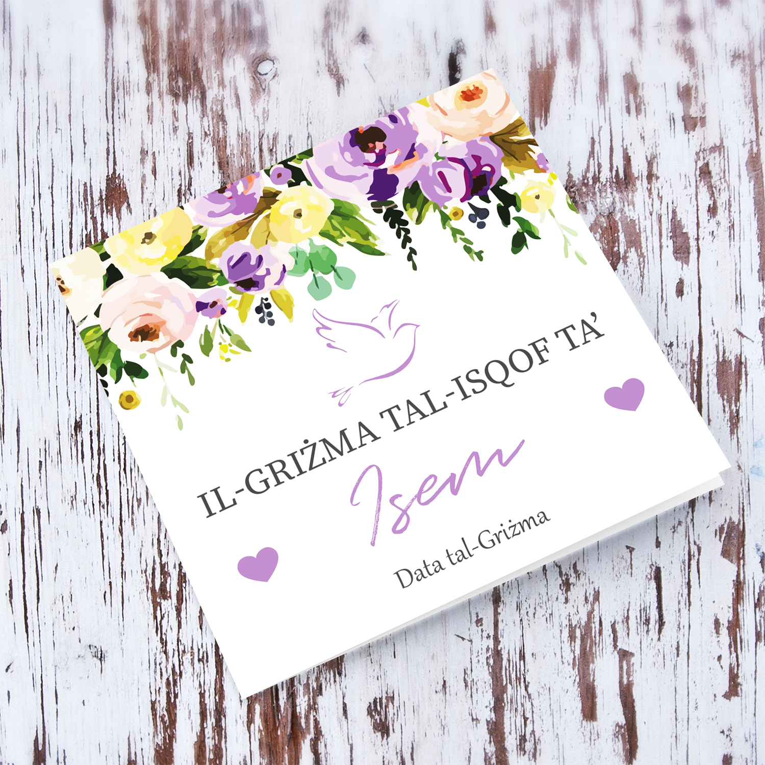 Purple flower themed Confirmation card with purple hearts in Maltese (Personalisable)