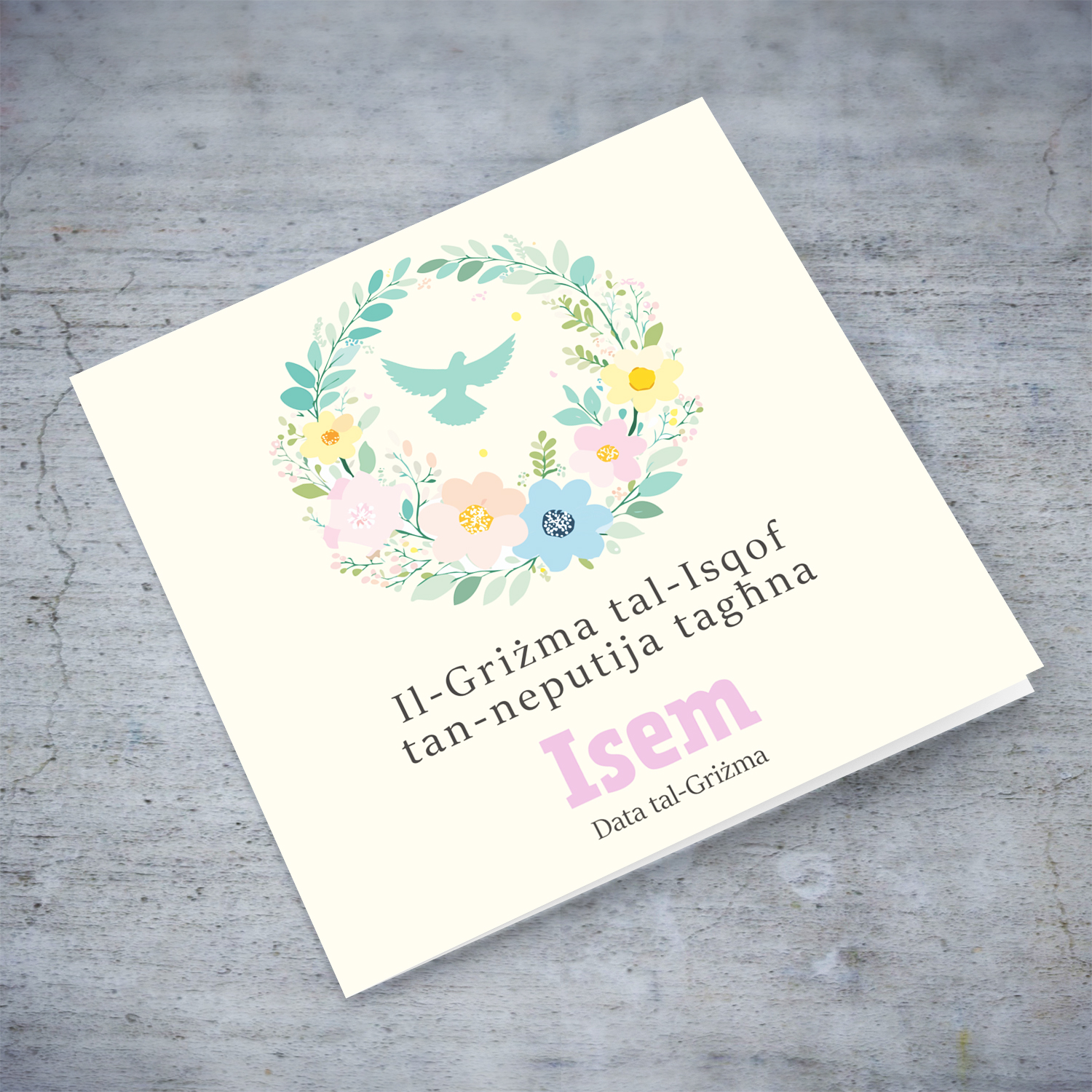 A cream coloured background with pastel colours confirmation card for niece in Maltese (Personalisable)