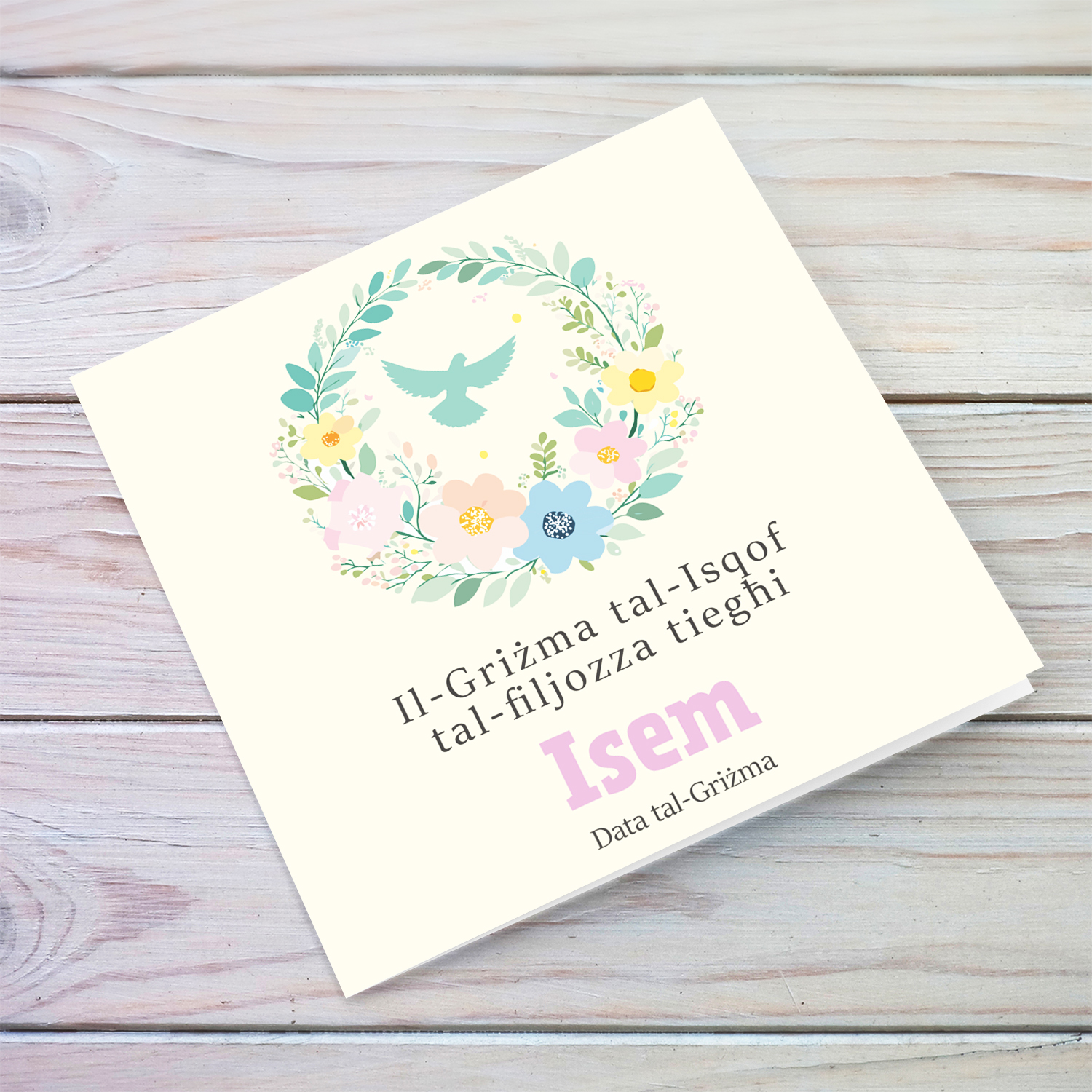 A cream coloured background with pastel colours confirmation card for granddaughter in Maltese (Personalisable)