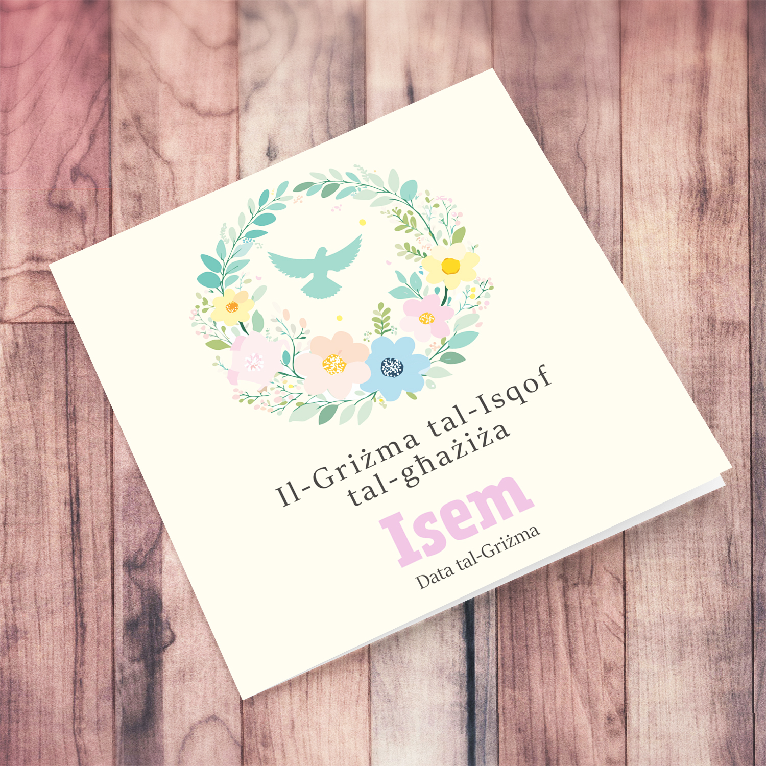A cream coloured background with pastel colours confirmation card for girl in Maltese (Personalisable)