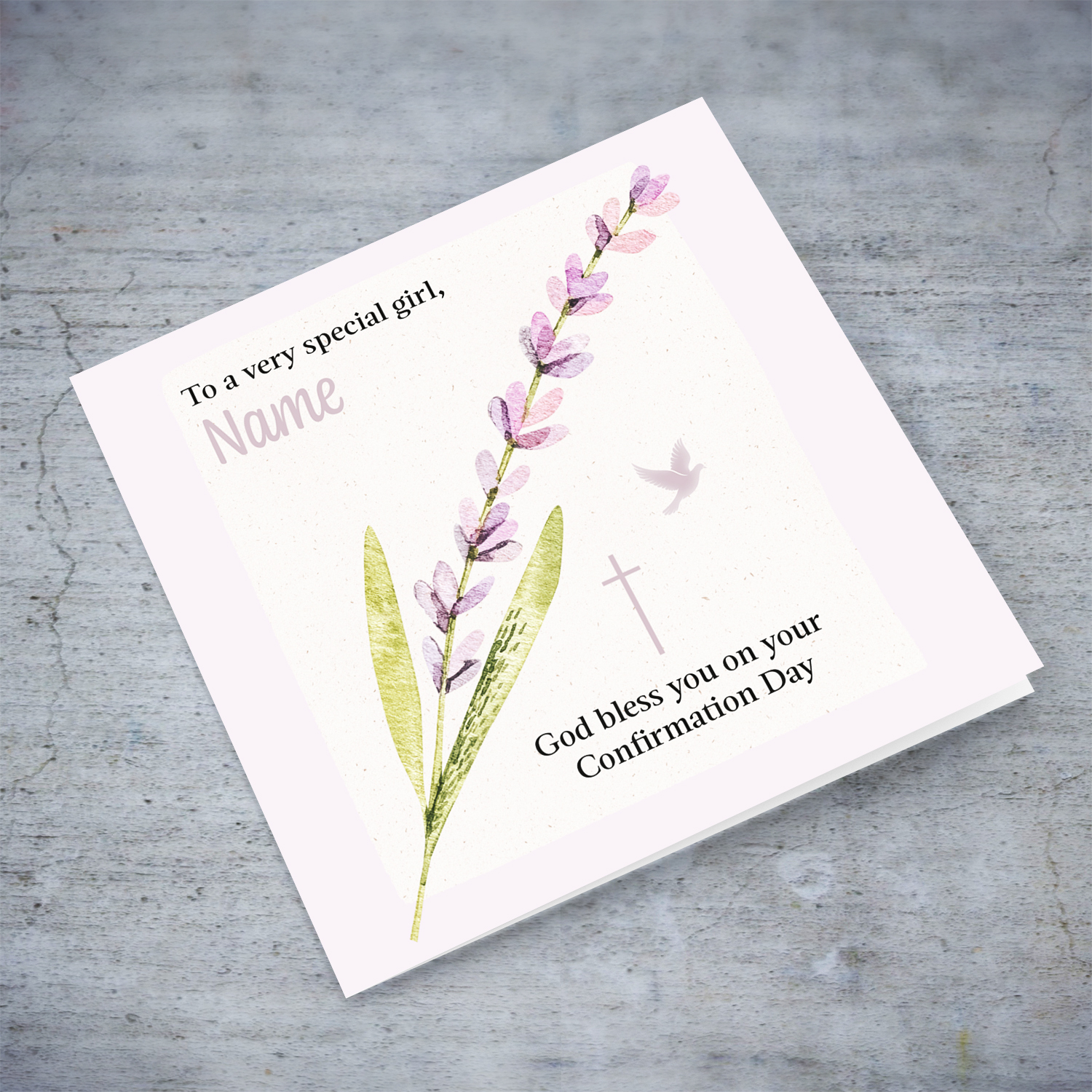 Petite Confirmation Greeting Card for a special girl in pink / purple tones in English (Personaliable)
