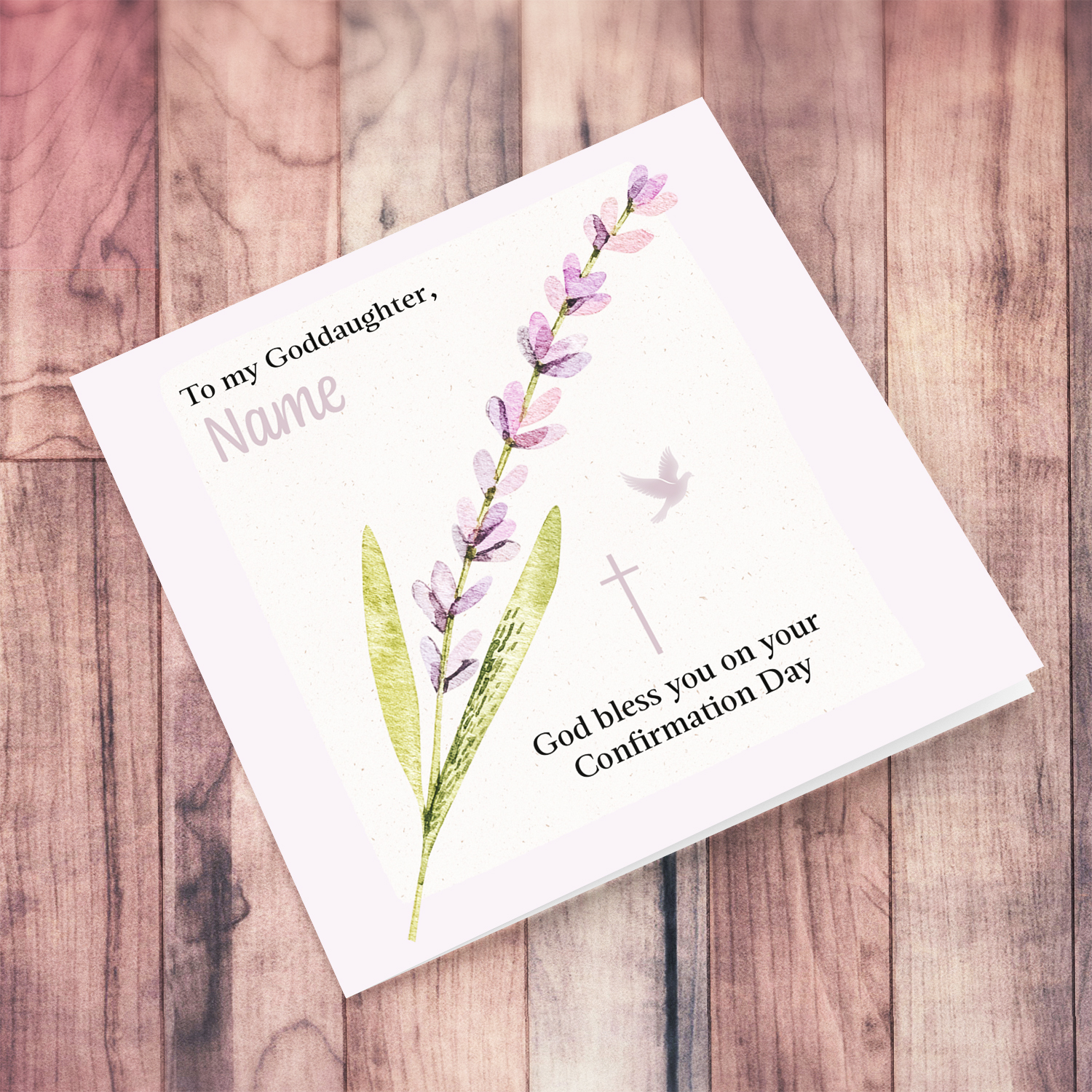 Petite Confirmation Greeting Card for Goddaughter in pink / purple tones in English (Personaliable)