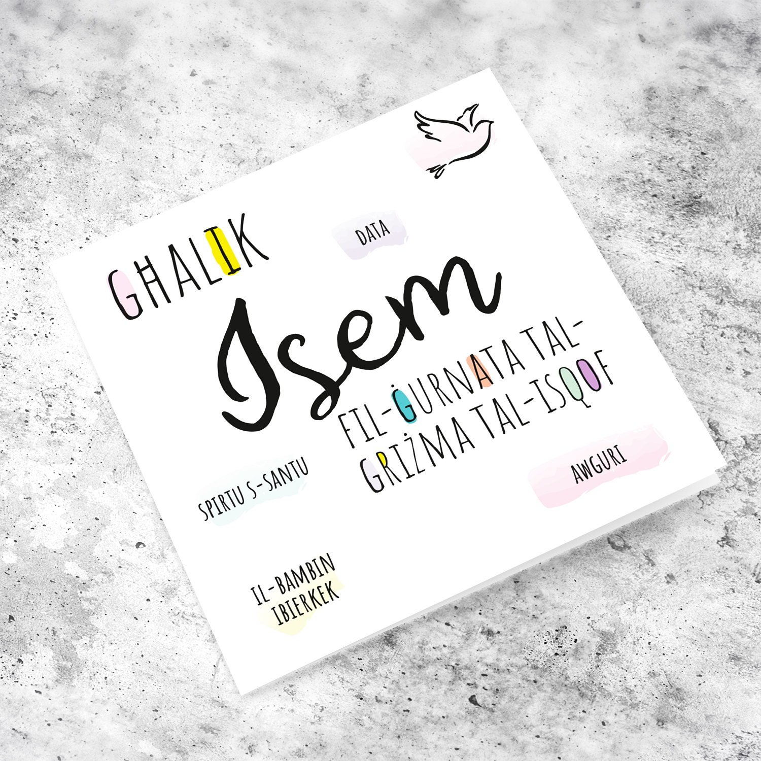 Colourful, minimalist & Modern confirmation card with positive messages in Maltese (Personalisable)