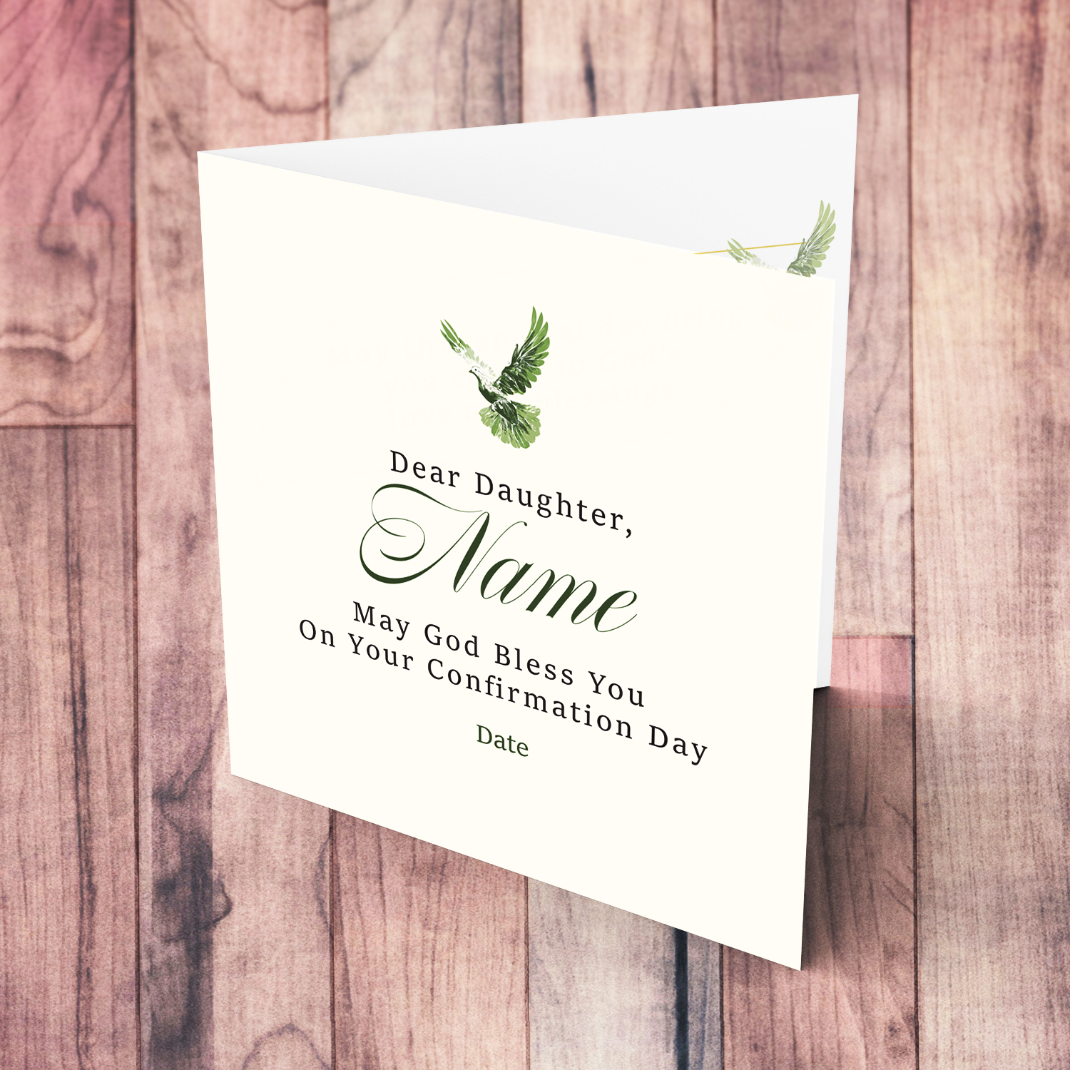 A neutral coloured Confirmation card for DAUGHTER, in cream background and touches of green in English (Personalisable)