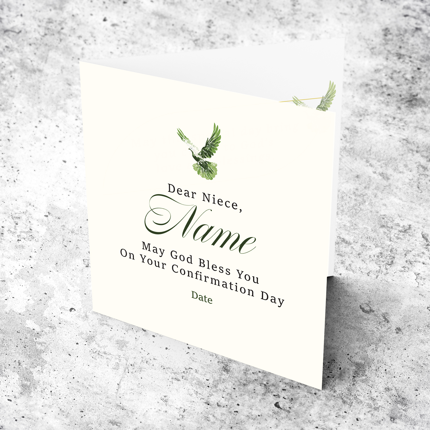 A neutral coloured Confirmation card for NIECE, in cream background and touches of green in English (Personalisable)