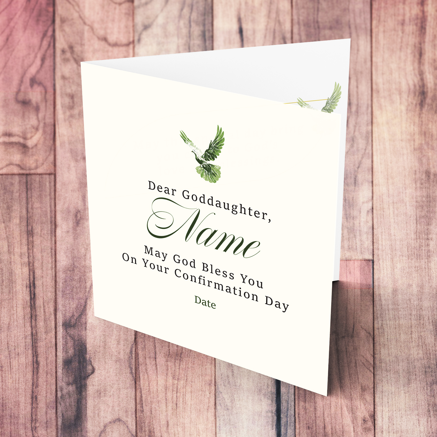 A neutral coloured Confirmation card for GODDAUGHTER, in cream background and touches of green in English (Personalisable)