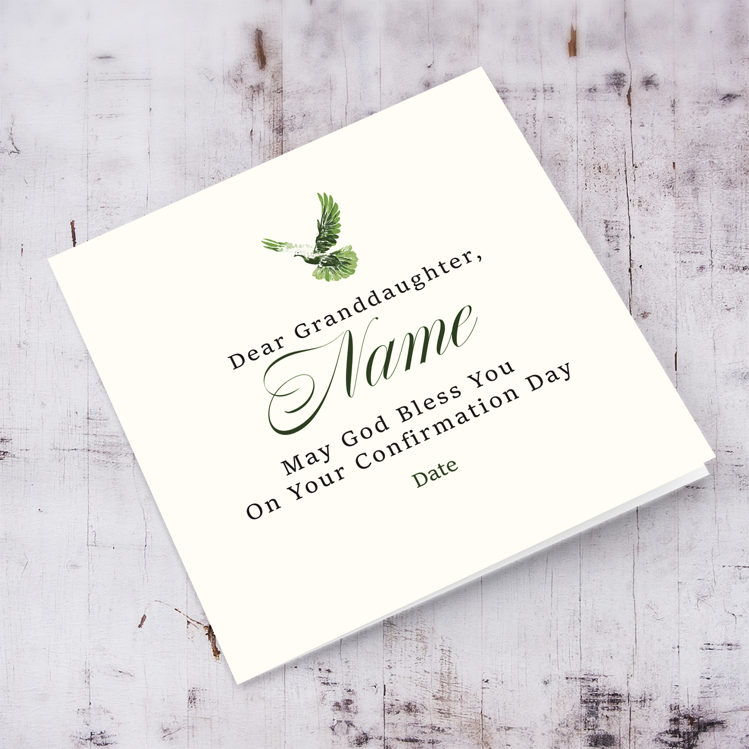 A neutral coloured Confirmation card for GRANDDAUGHTER, in cream background and touches of green in English (Personalisable)