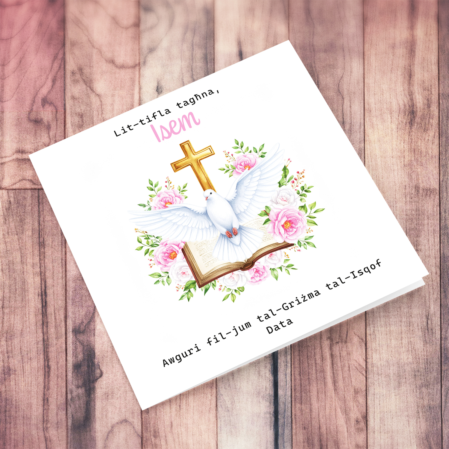 An elegant Confirmation card for Daughter featuring the Holy Spirit dove, an open Bible and beautiful pink and white flowers in Maltese (Personalisable)