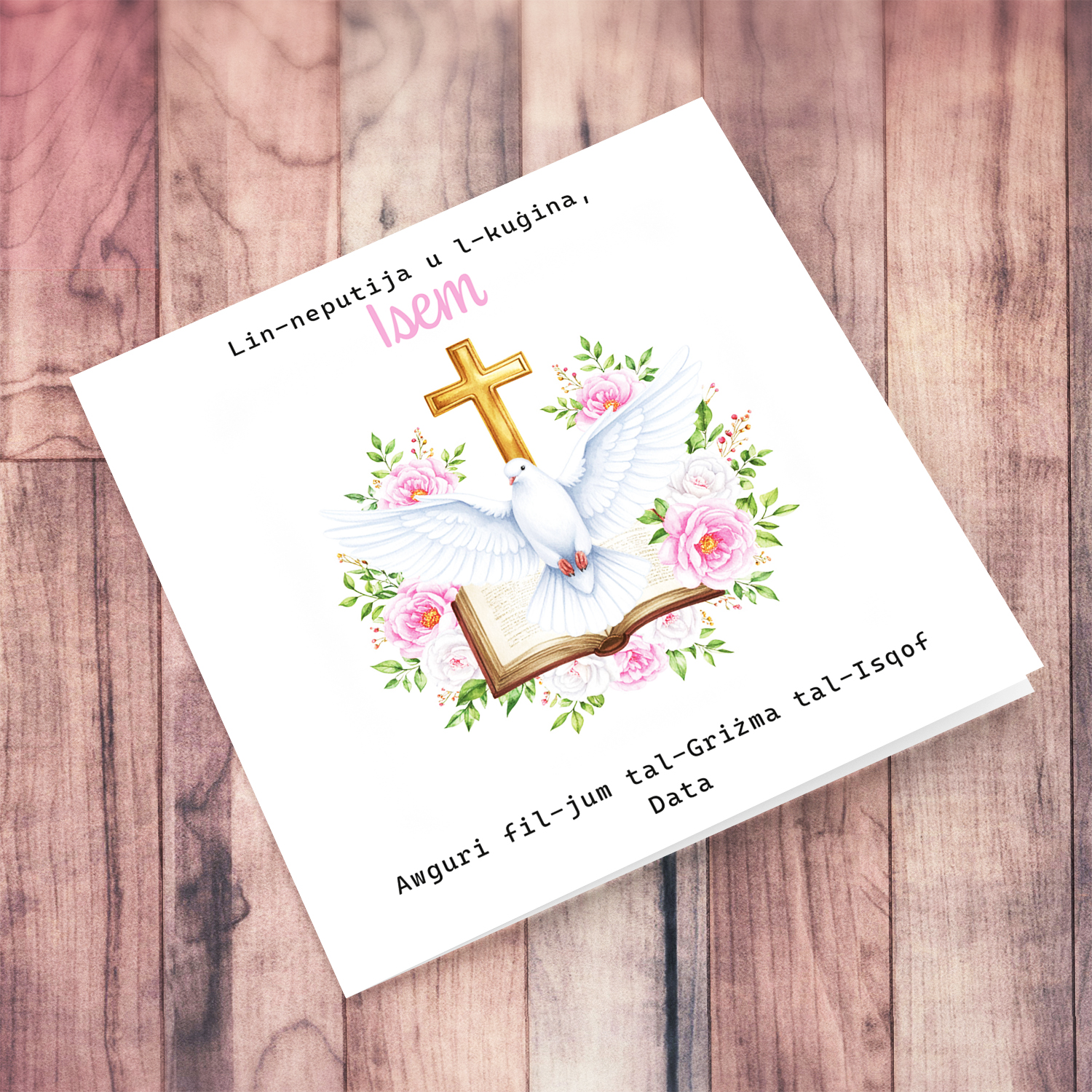 An elegant Confirmation card for Niece & Cousin featuring the Holy Spirit dove, an open Bible and beautiful pink and white flowers in Maltese (Personalisable)