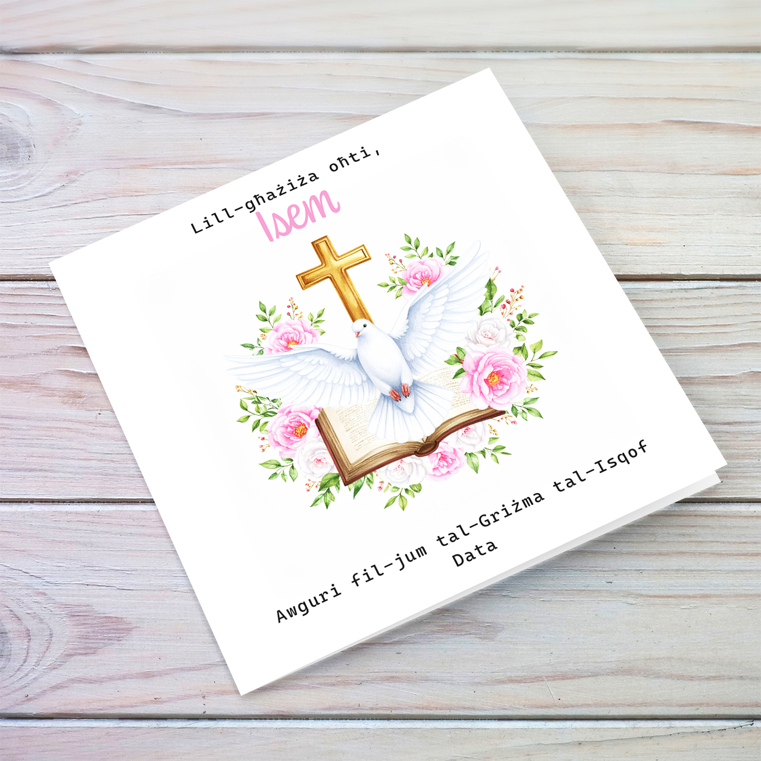 An elegant Confirmation card for Sister featuring the Holy Spirit dove, an open Bible and beautiful pink and white flowers in Maltese (Personalisable)