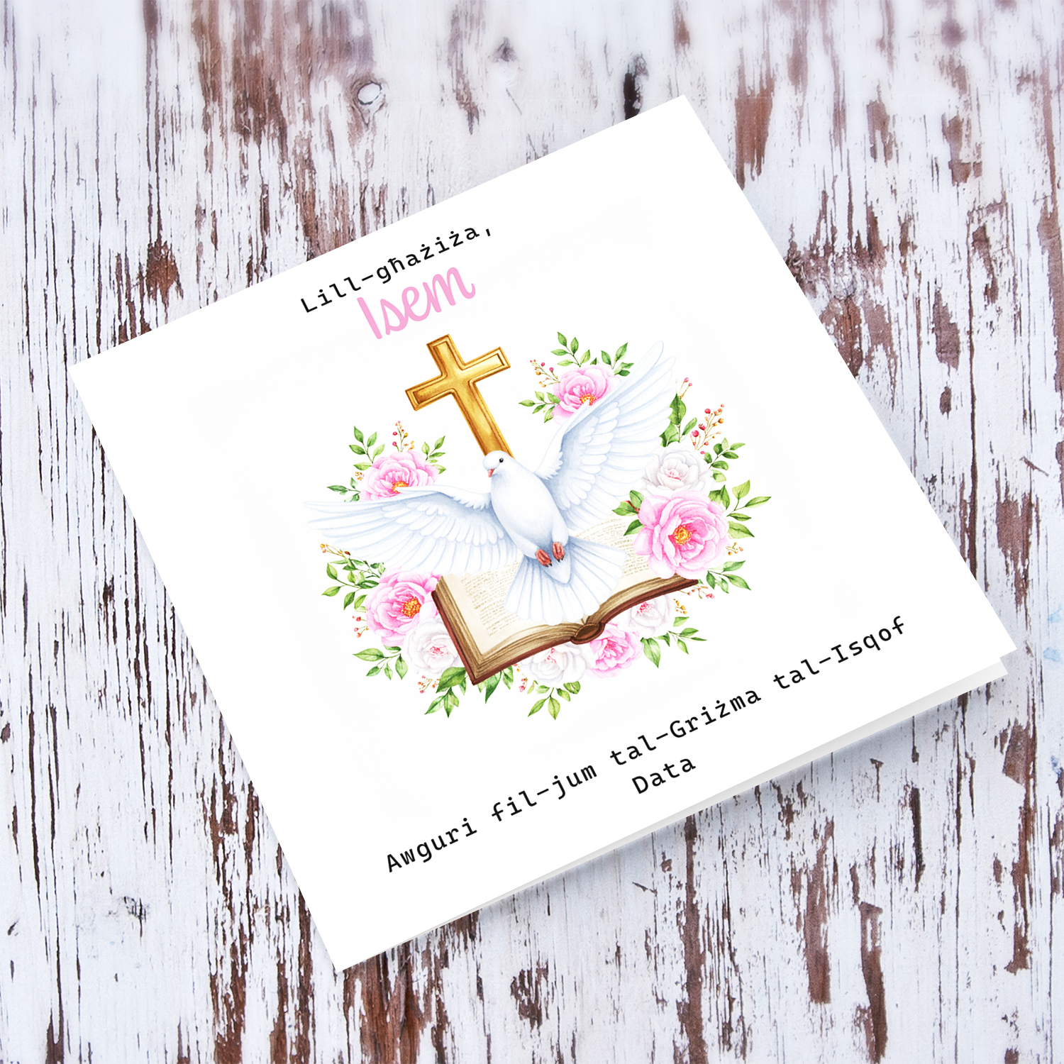 An elegant Confirmation card for a dear girl featuring the Holy Spirit dove, an open Bible and beautiful pink and white flowers in Maltese (Personalisable)