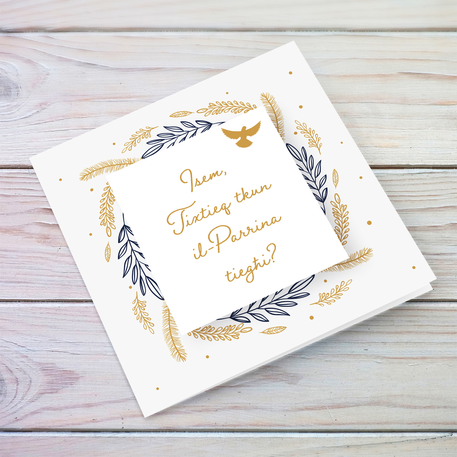 Golden and dark blue leaves themed personalisable card for Sponsor/Parrina (female) in Maltese
