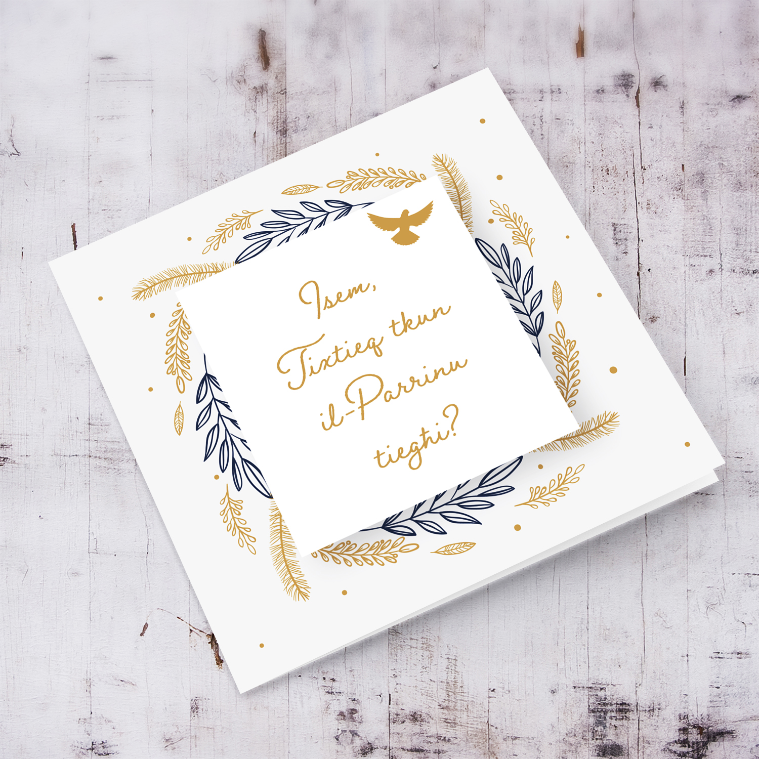 Golden and dark blue leaves themed personalisable card for Sponsor/Parrinu (male) in Maltese