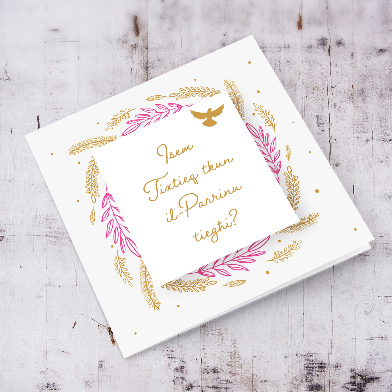 Golden and pink leaves themed personalisable card for Sponsor/Parrinu (male) in Maltese