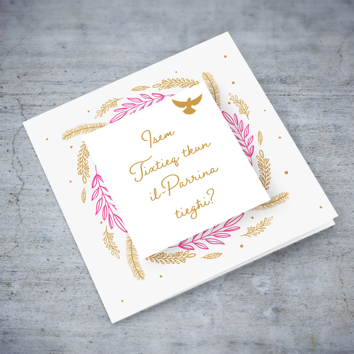 Golden and pink leaves themed personalisable card for Sponsor/Parrina (female) in Maltese