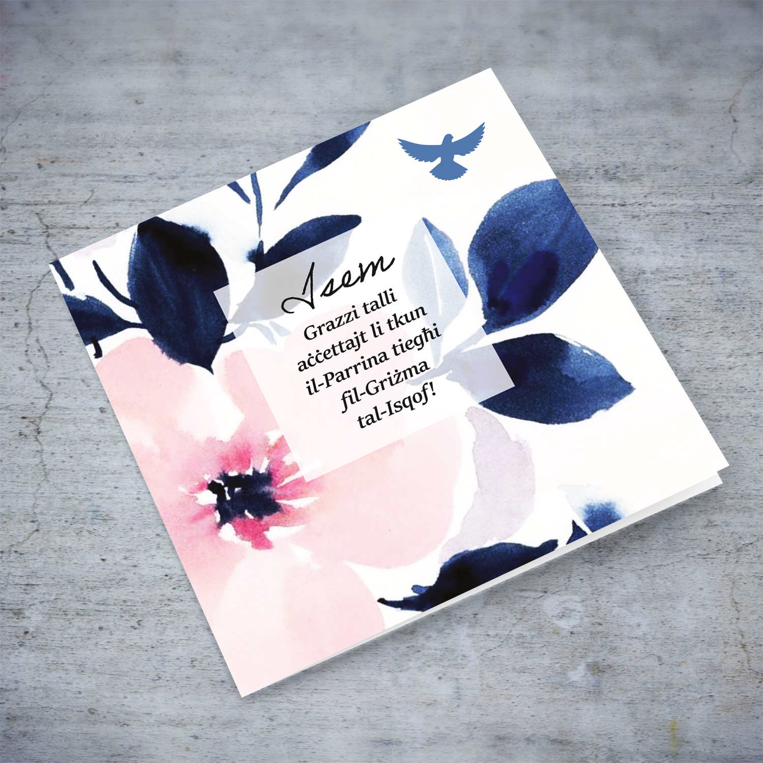 Pink florals with blue petals watercolour background thank you card with holy spirit for Sponsor in Maltese