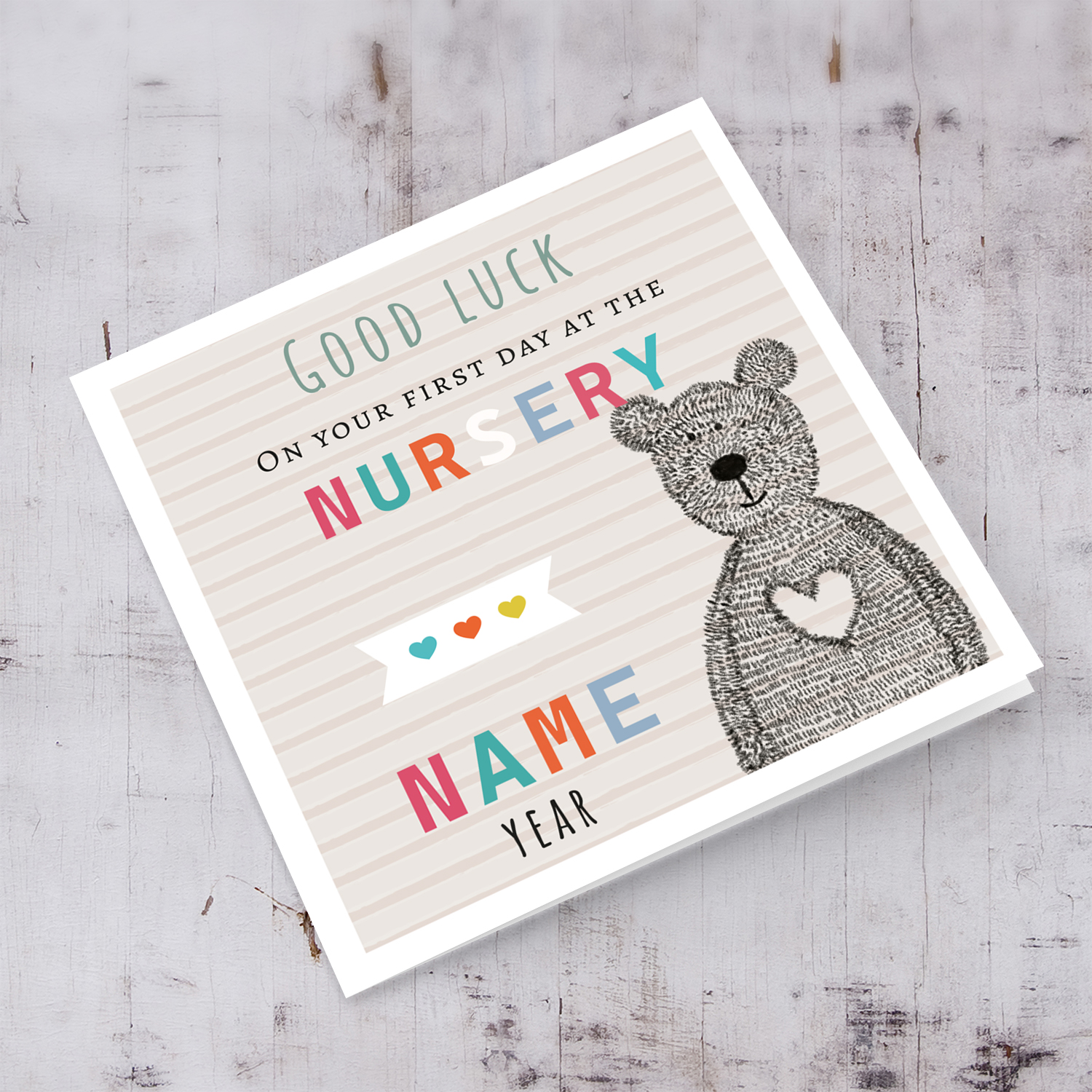 Cute bear themed good luck card for the first day at the nursery with striped background (Personalisable) in English