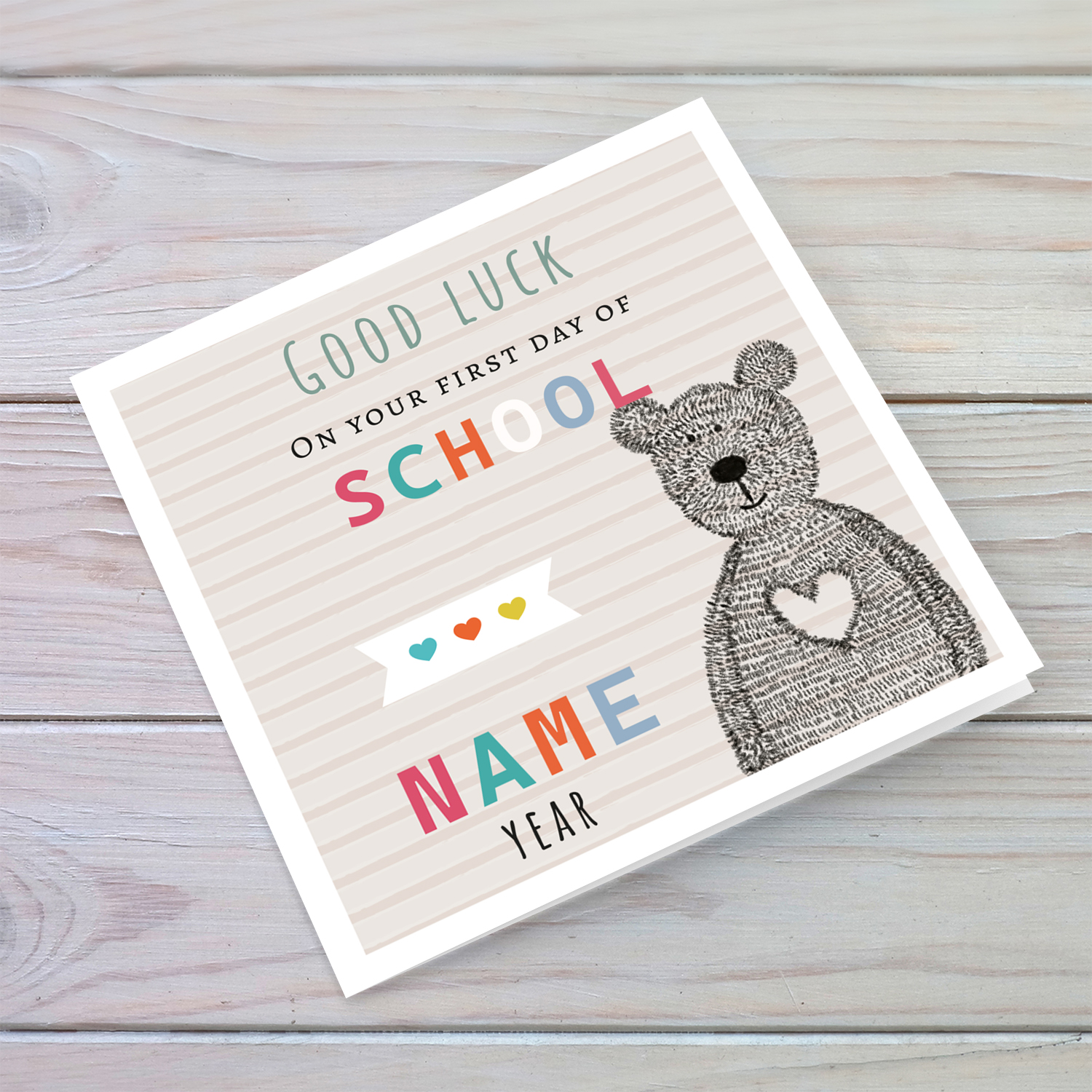 Cute bear themed good luck card for the first day of school with striped background (Personalisable) in English