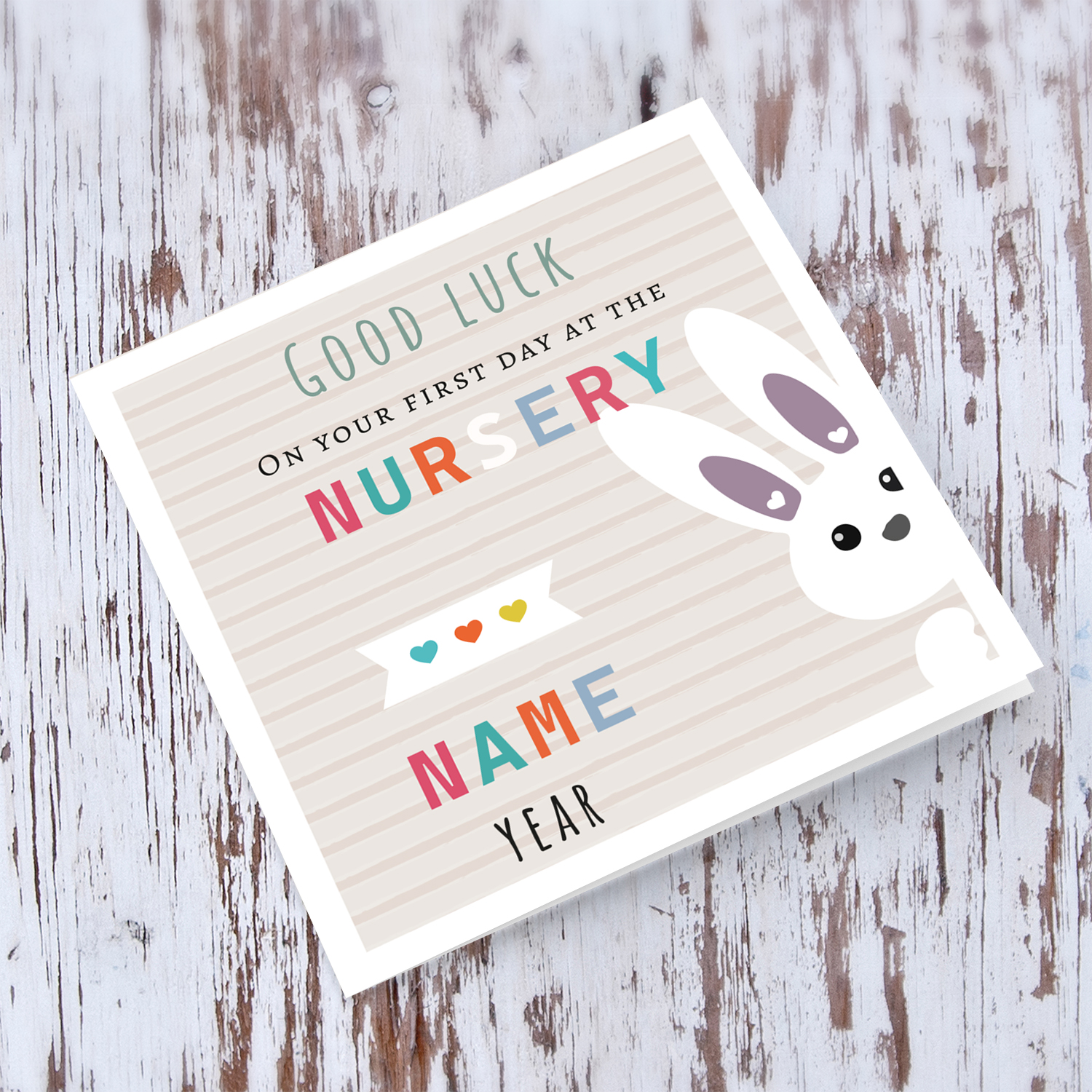Cute bunny themed good luck card for the first day at the nursery with striped background (Personalisable) in English