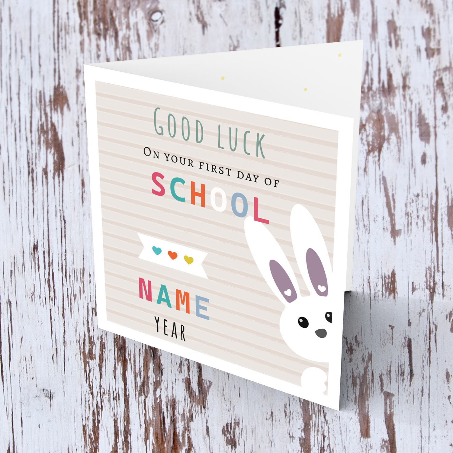 Cute bunny themed good luck card for the first day of school with striped background (Personalisable) in English