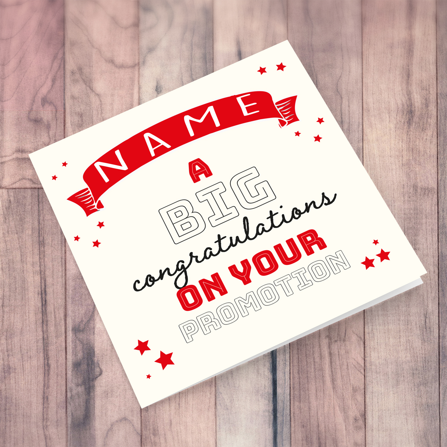 Congratulations and good luck on your promotion greeting card with red banner in English (Personalisable)