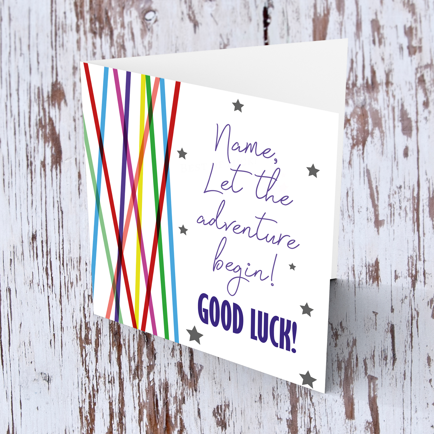 Colourful lines and scattered stars - let the adventure begin good luck card in English (Personalisable)