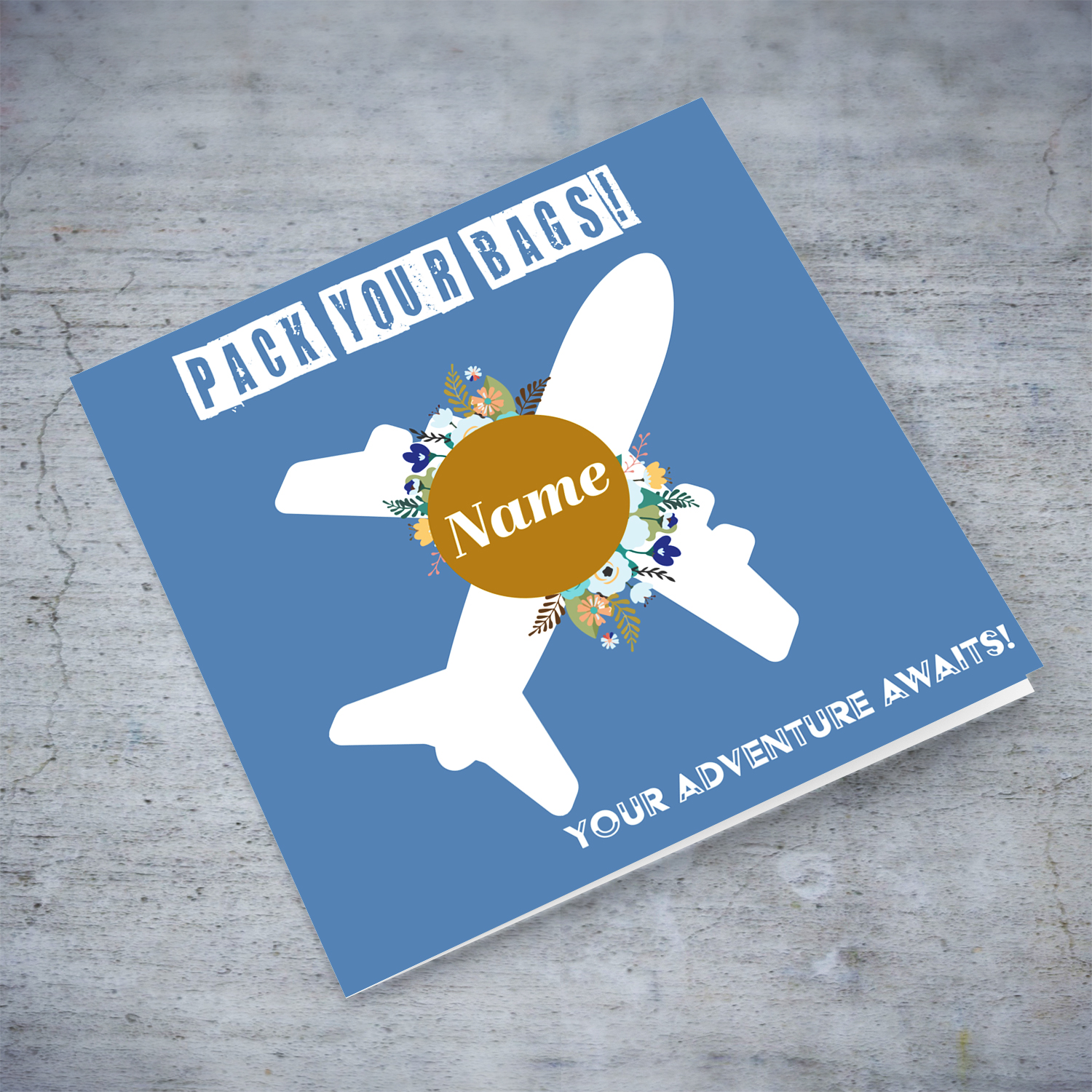 Your adventure awaits - good luck card in blue background, with a white plane, blue flowers (personalisable) in English