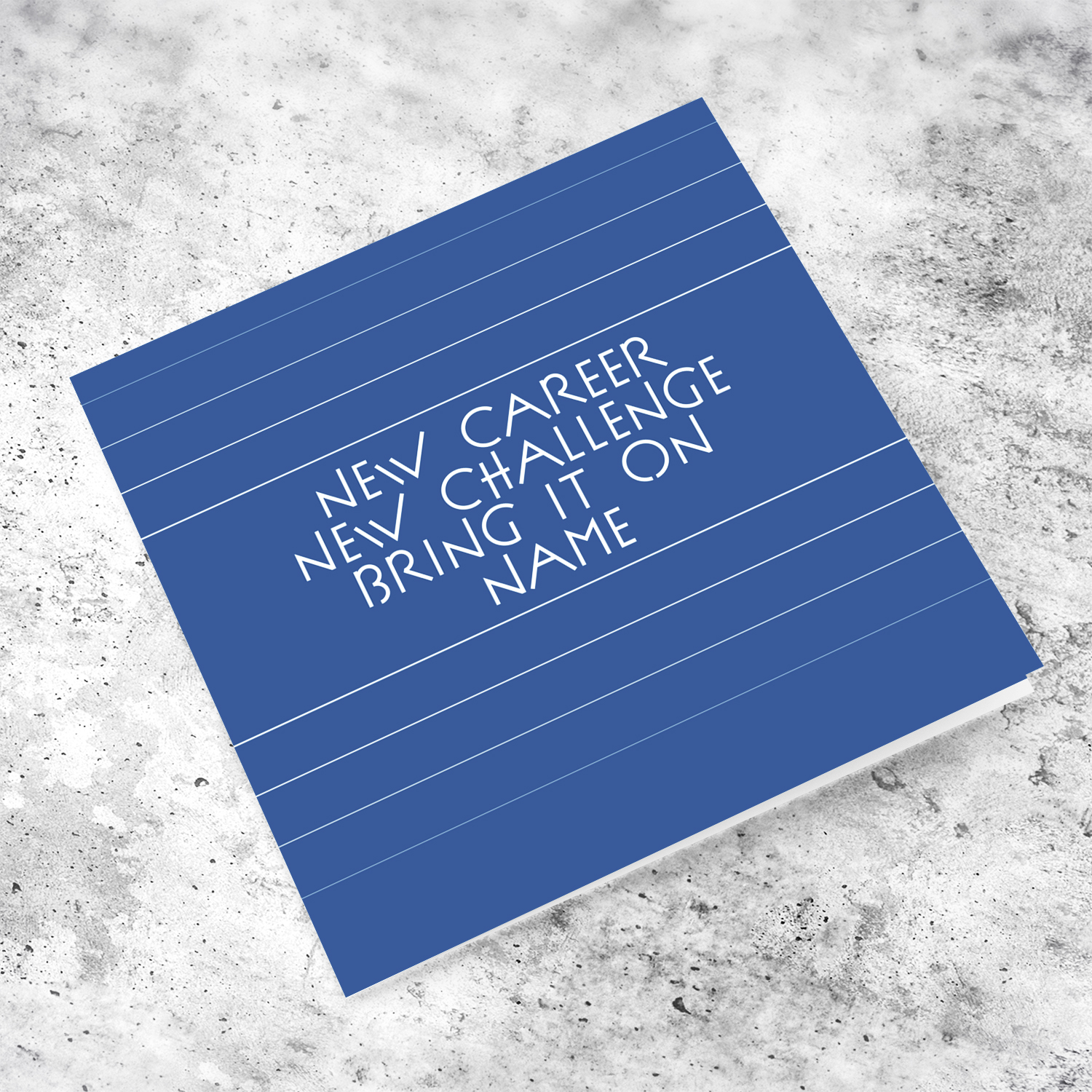New career, new challenge - good luck card for new job in blue background with white lines in English