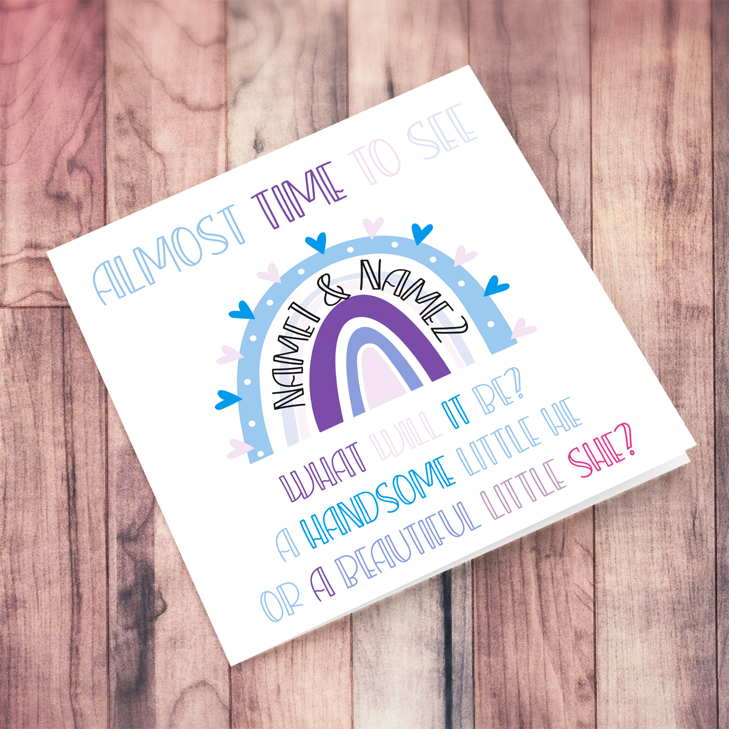 Almost time to see - Gender reveal rainbow themed card in English (Personalisable)