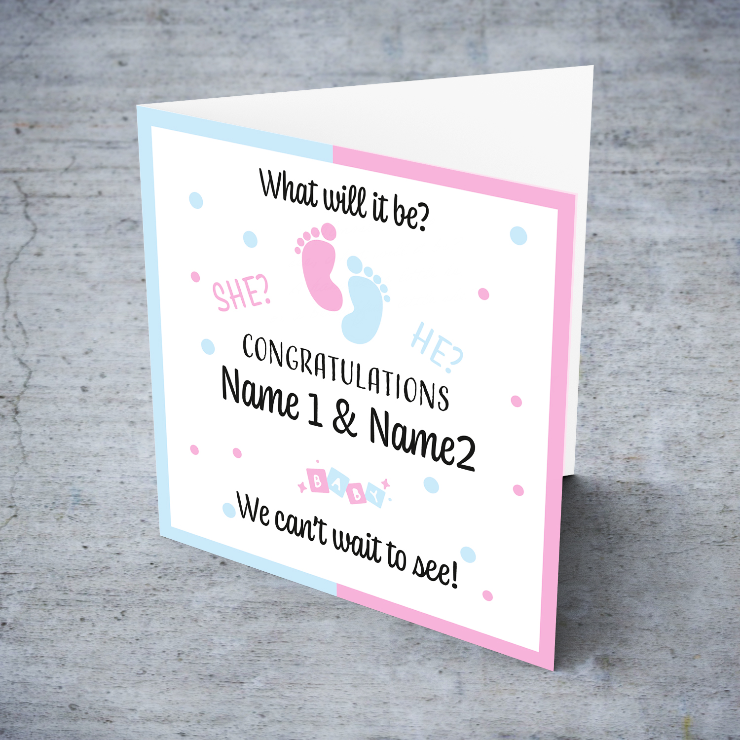 Gender reveal personalised card she or he? We can't wait to see in English
