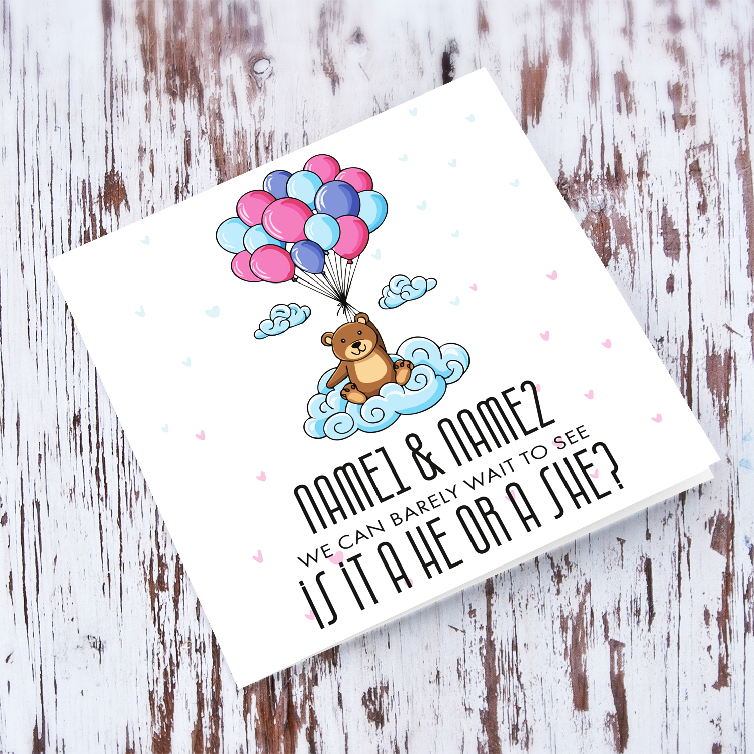 A cute bear holding blue, pink and purple balloons gender reveal card with scattered hearts in English (Personalisable)