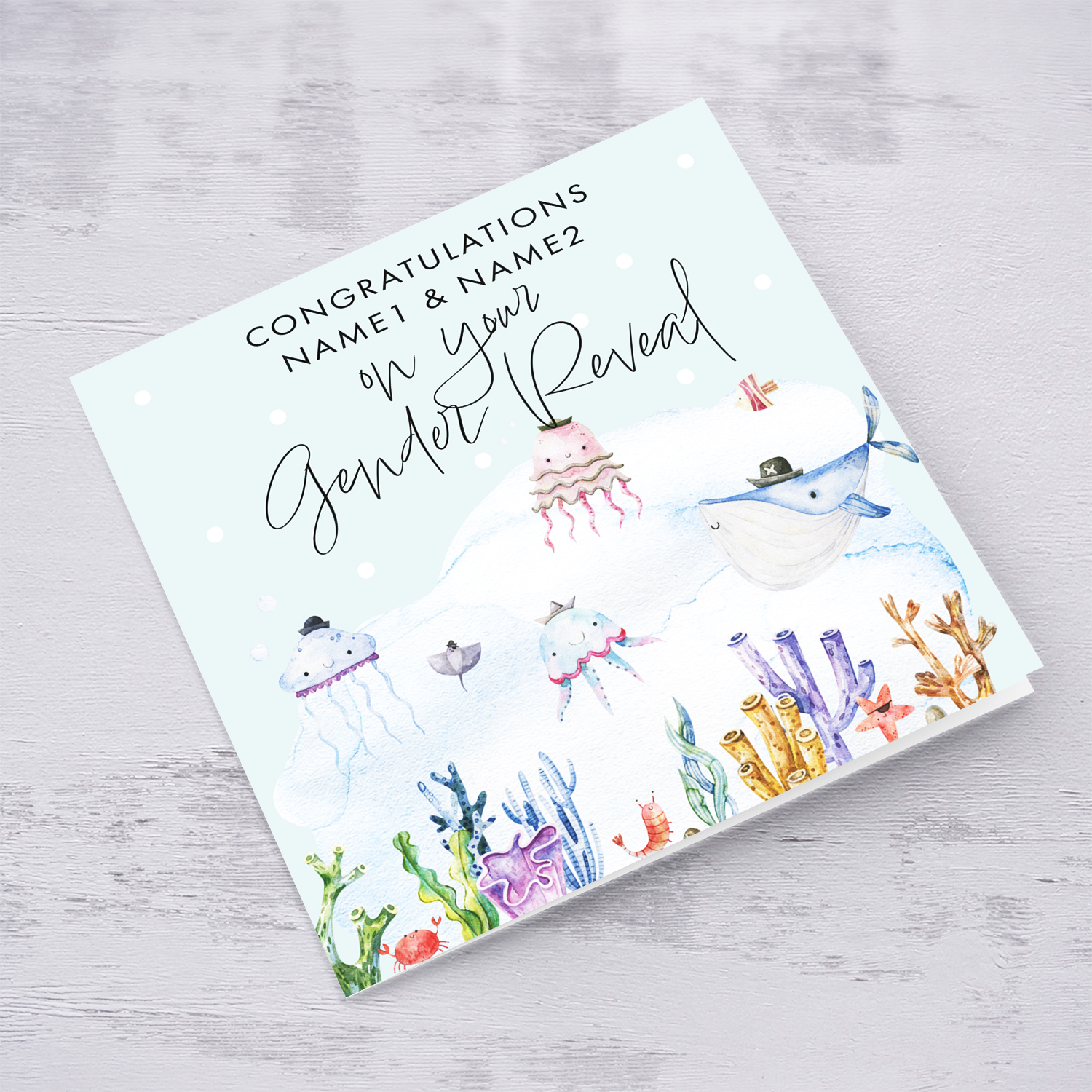A cute underwater themed Gender Reveal Card in English (Personalisable)