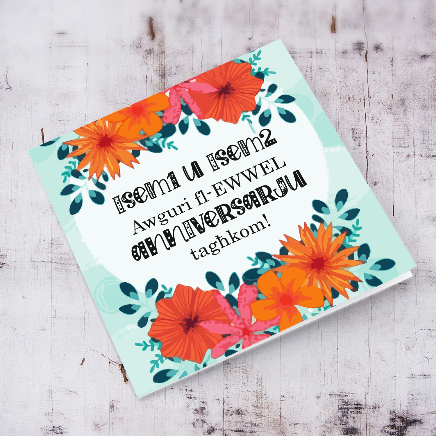 Orange flowers with pastel green background First Anniversary card in Maltese (Personalisable)