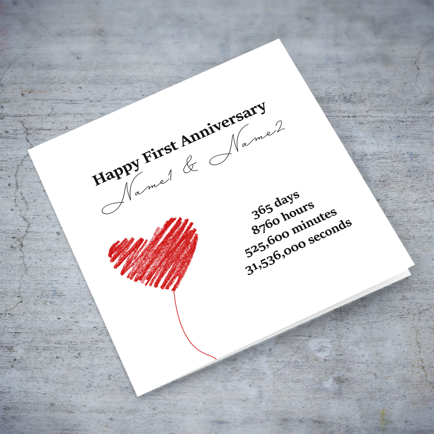 First Anniversary minimalist card, for a special couple in English (Personalisable)