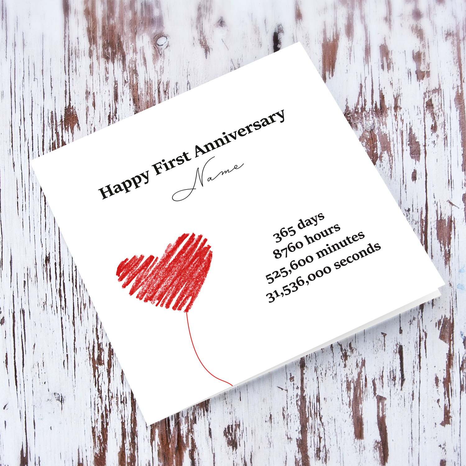 First Anniversary minimalist card, for boyfriend/ girlfriend / husband / wife / partner with red heart in English (Personalisable)