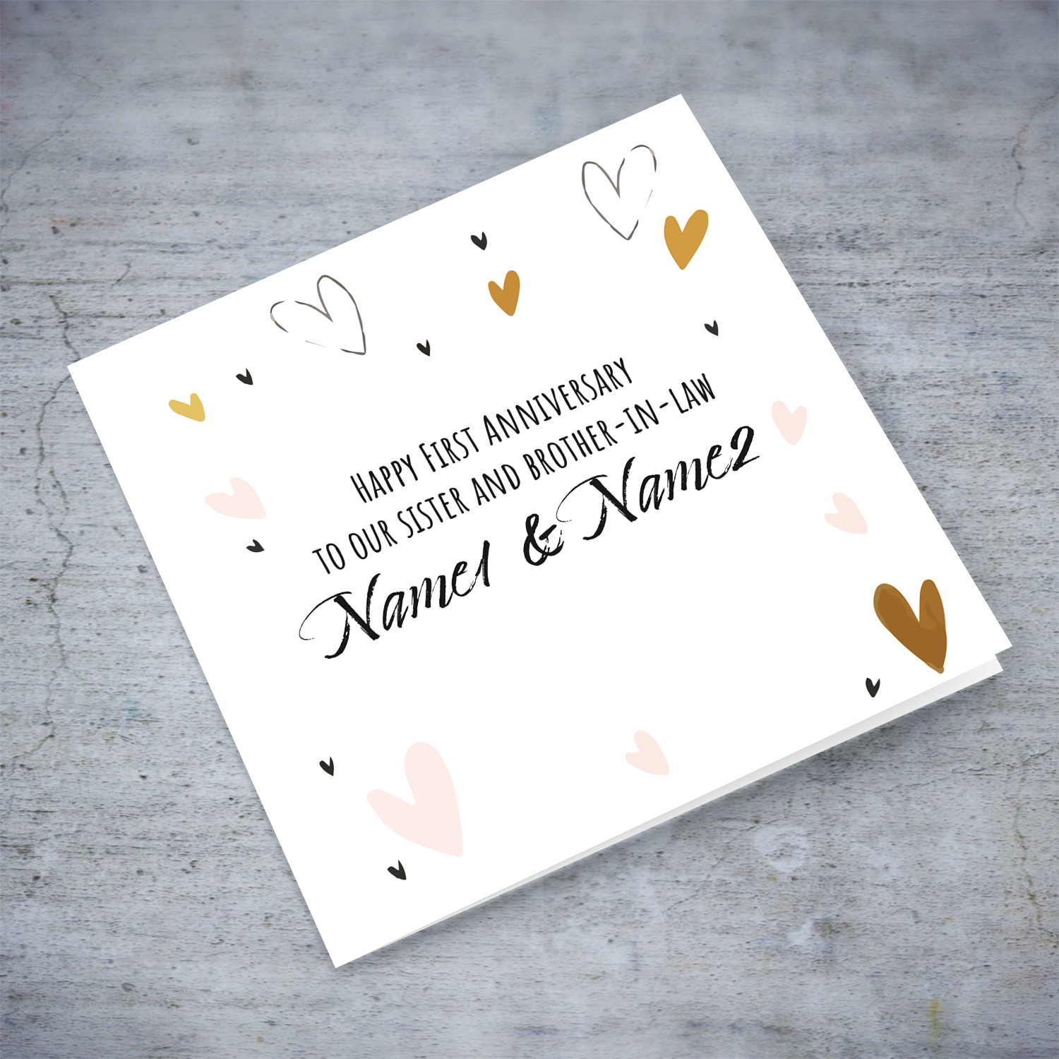 Light pink and gold hearts First wedding anniversary for Sister & Brother-in-Law in English (Personalisable)