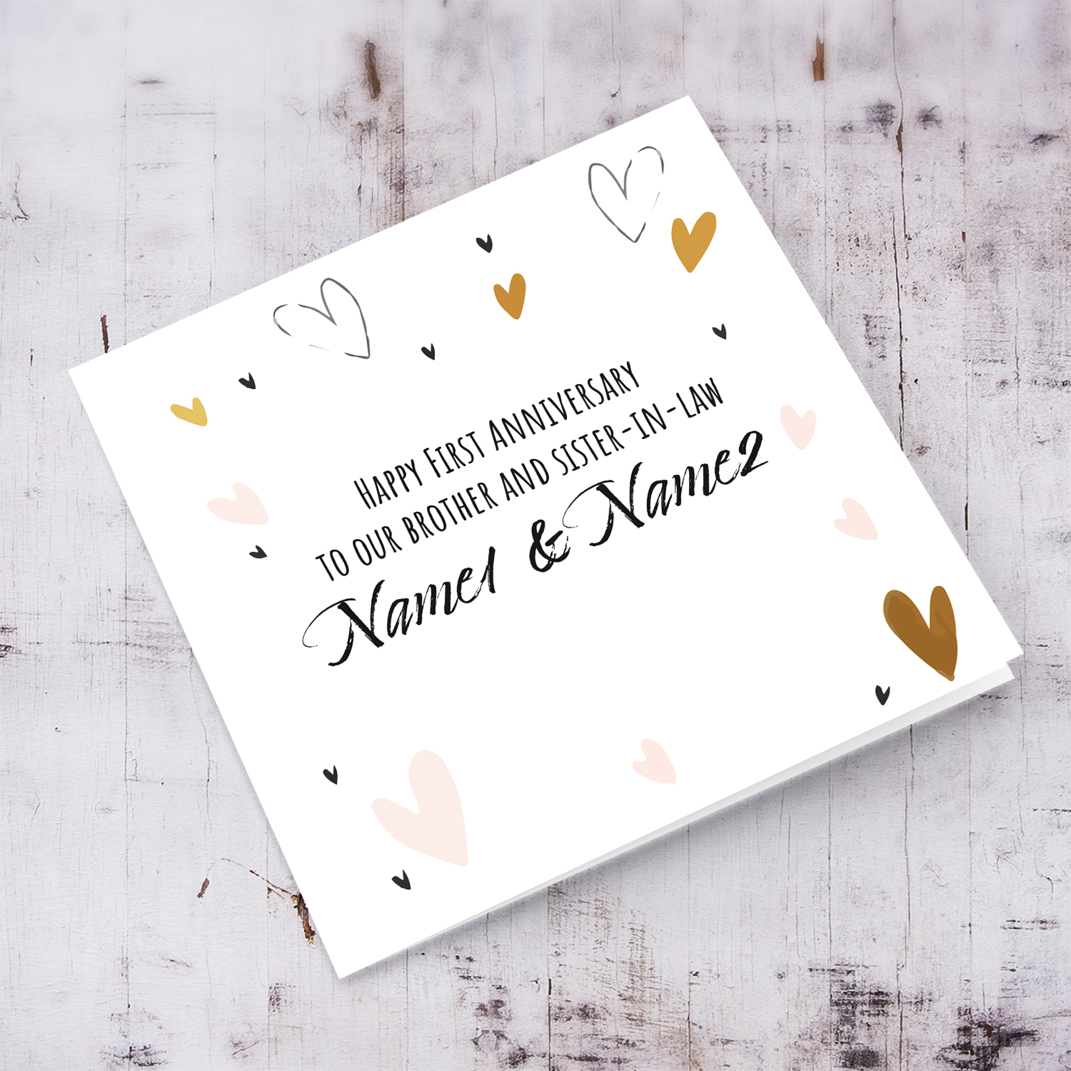 Light pink and gold hearts First wedding anniversary for Brother & Sister-in-Law in English