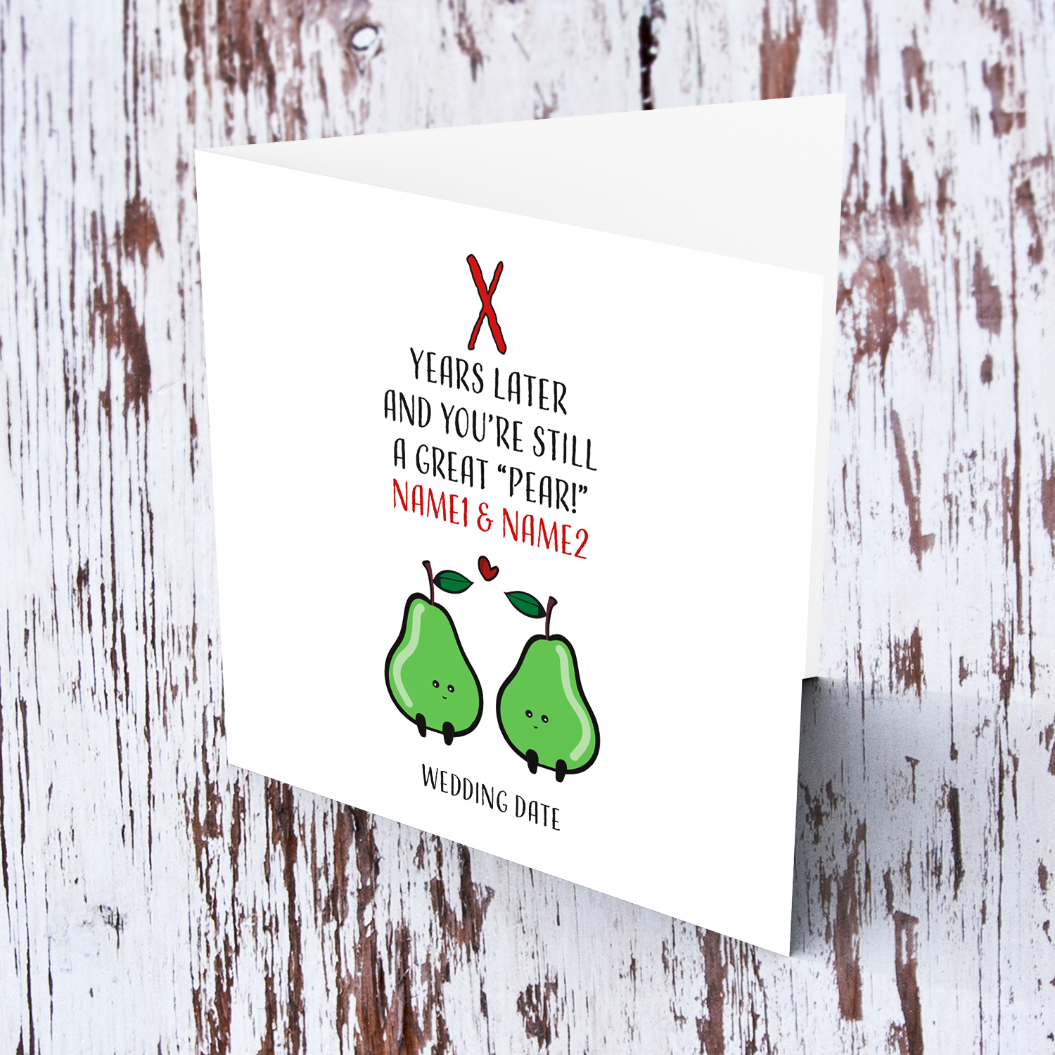 Cute anniversary card with pears in English (Personalisable)