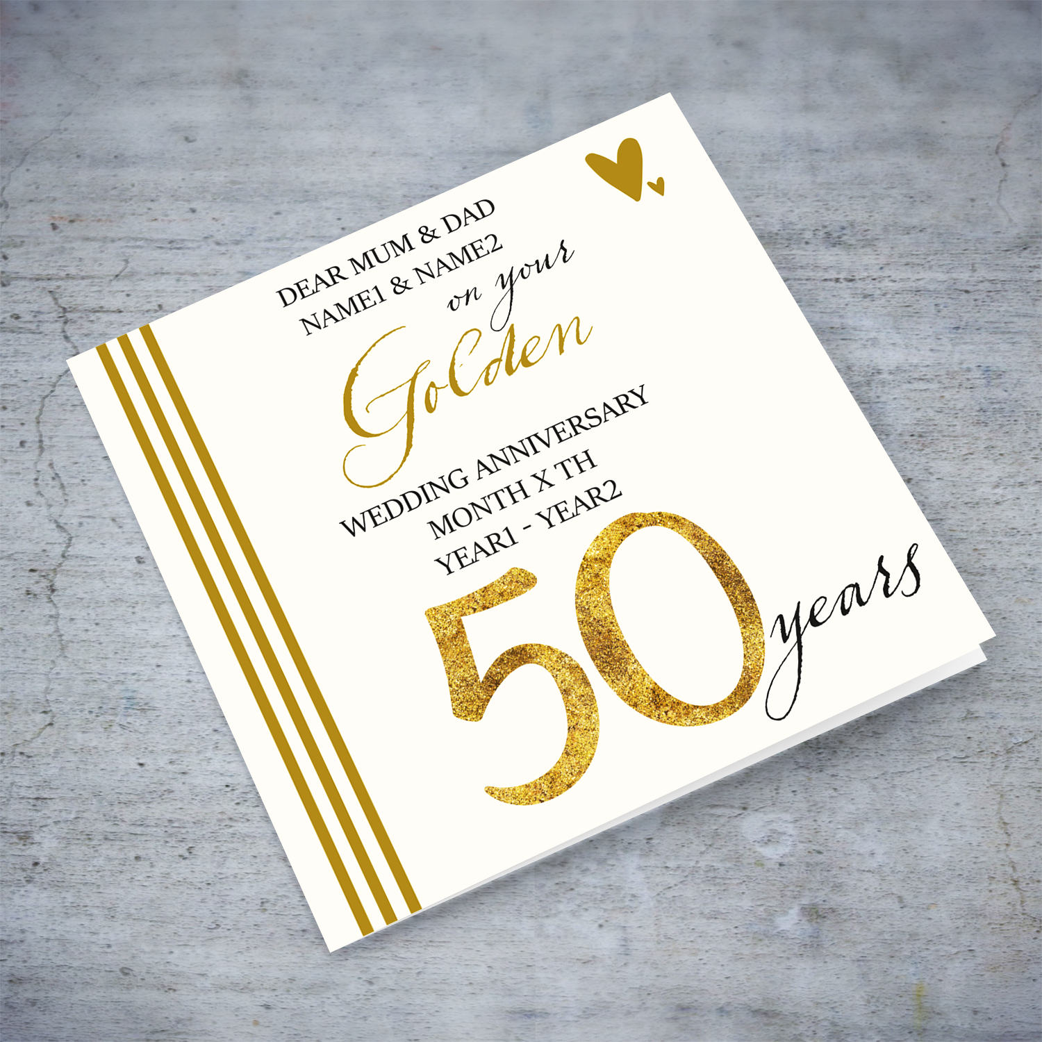 50th Golden wedding anniversary for parents in black and gold text in English