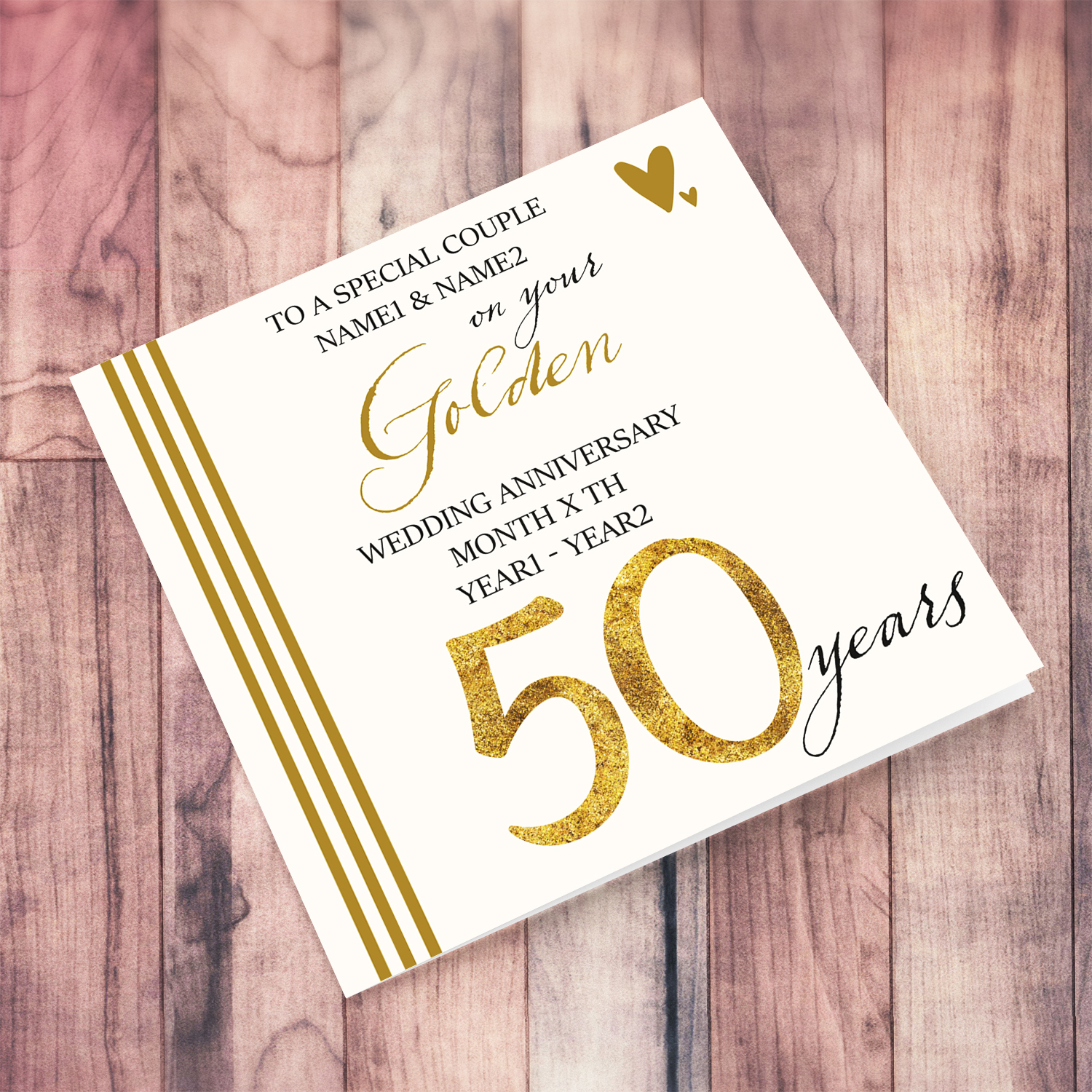 50th Golden wedding anniversary for a special couple n black and gold text in English