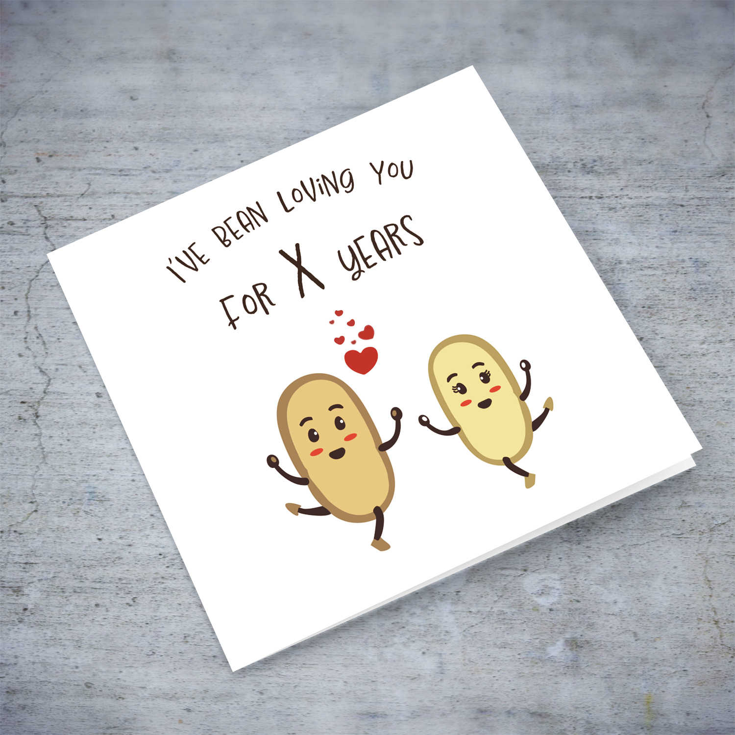Cute beans dancing together anniversary card in English (Personalisable with number of years)