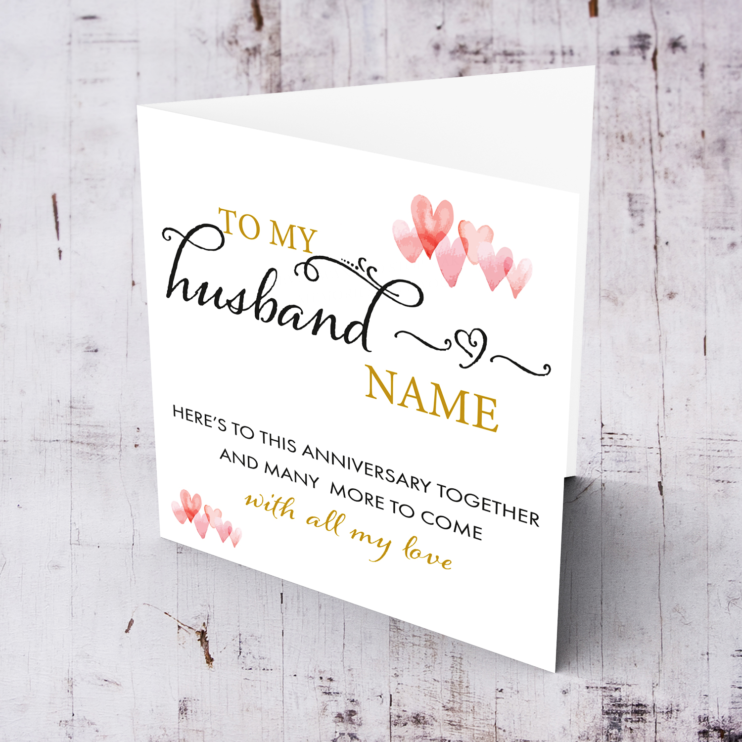 Anniversary card for husband with with black and gold text in English (Personalisable)