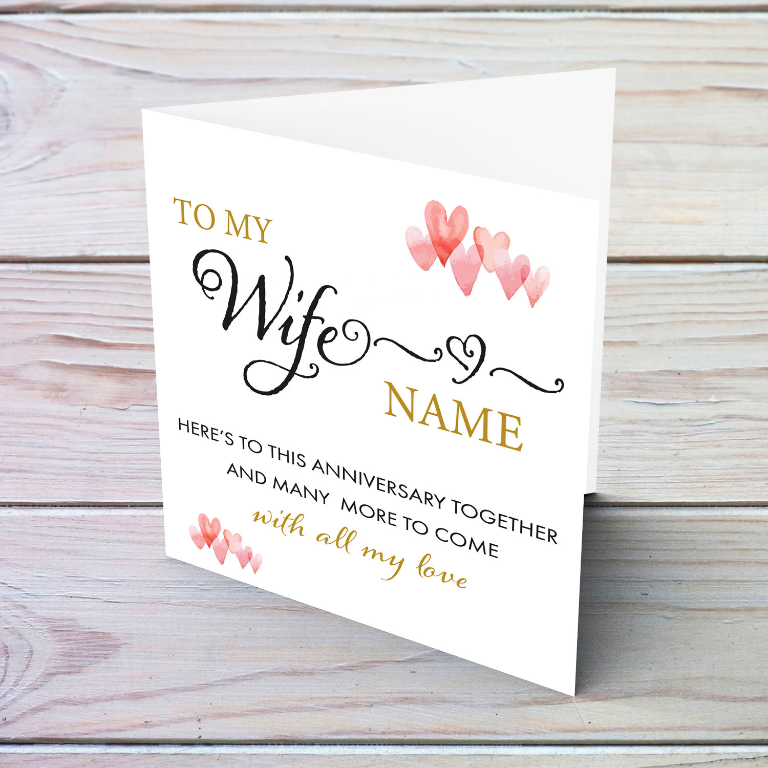 Anniversary card for wife with with black and gold text in English (Personalisable)