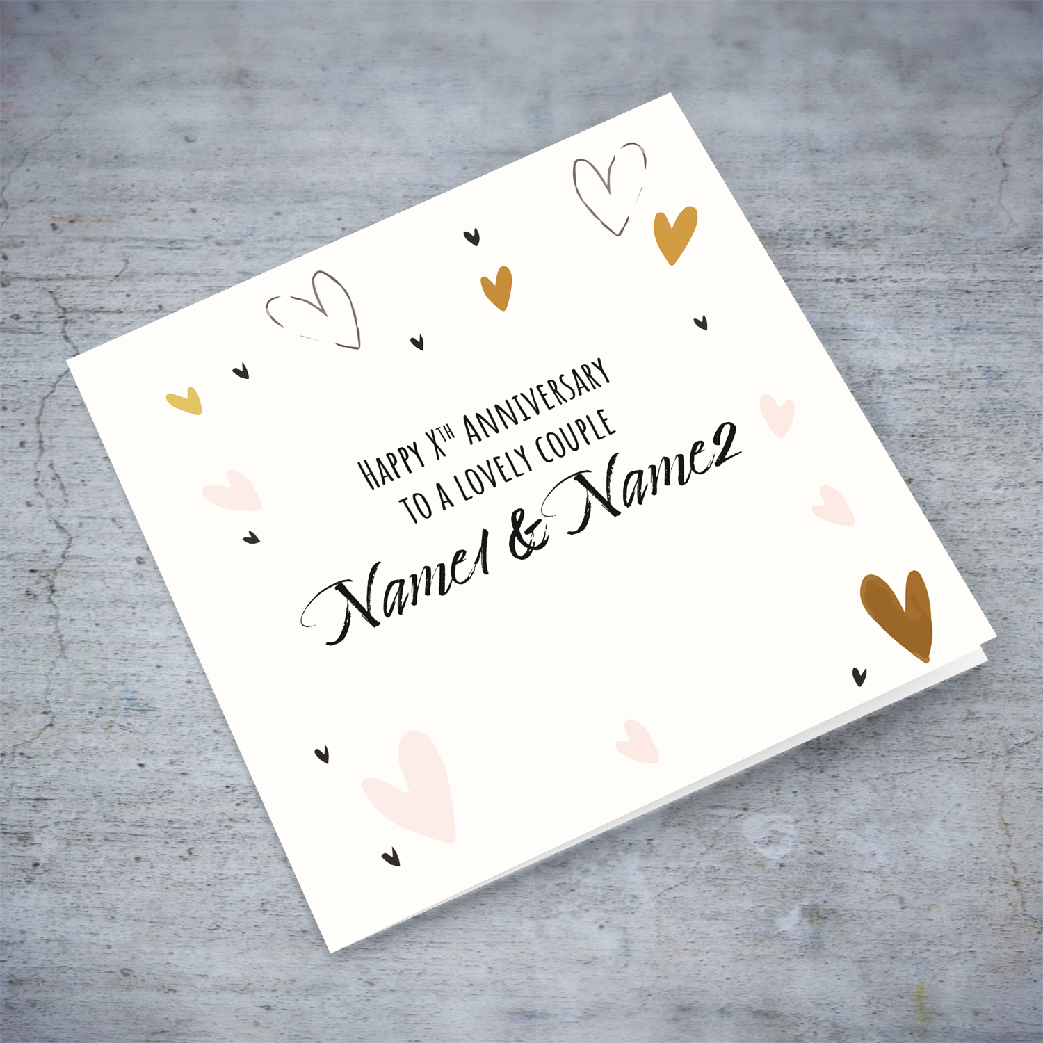 Wedding Anniversary card with scattered pink and gold hearts in English (Personalisable)