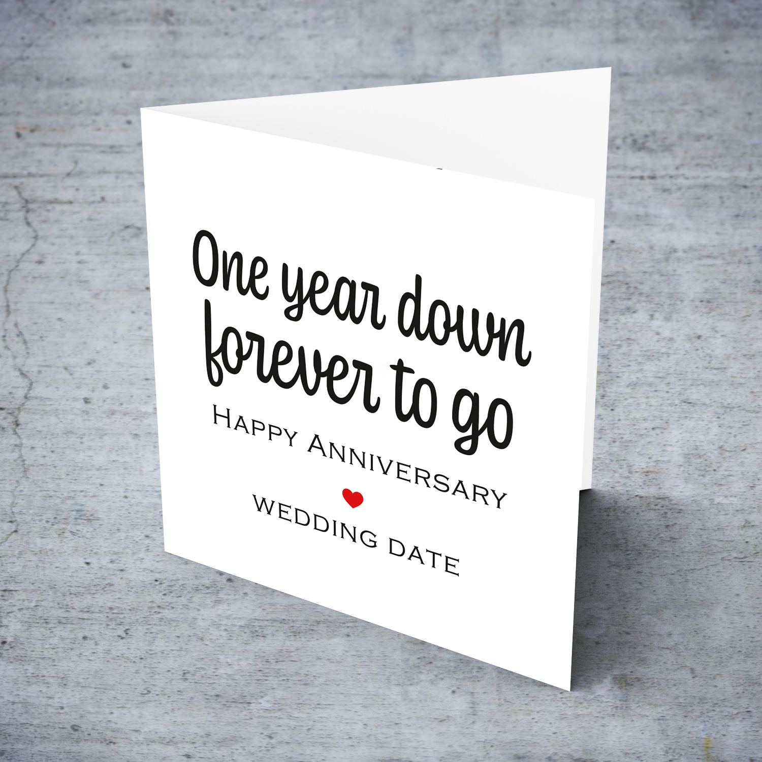 Minimalist First Wedding Anniversary Card for Husband / Wife with red heart and wedding date in English