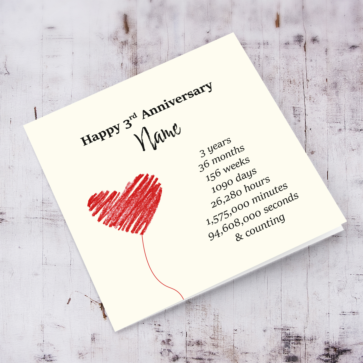 Third Anniversary minimalist card, for boyfriend/ girlfriend / husband / wife / partner with red heart in English (Personalisable)