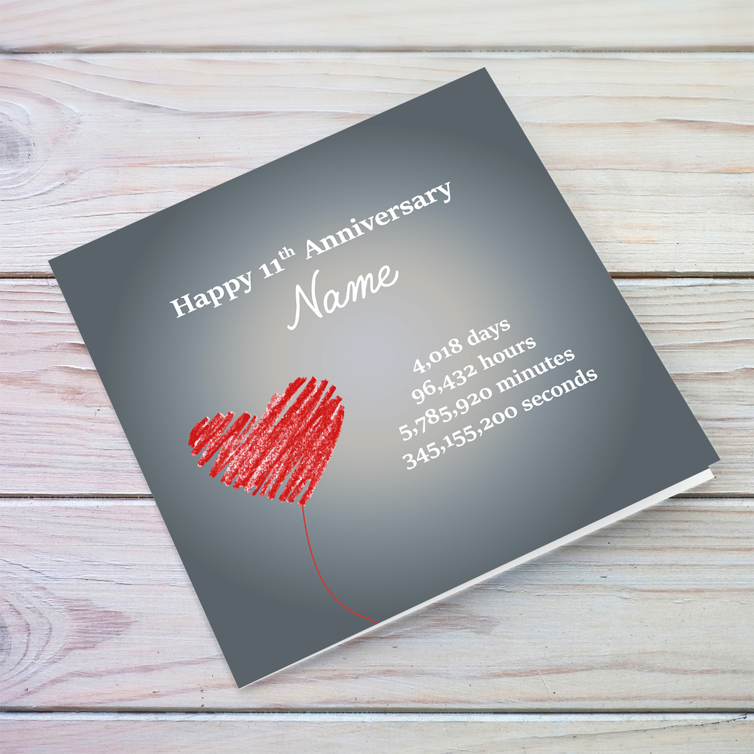 11th Wedding Anniversary in grey background with red heart in English (Personalisable)