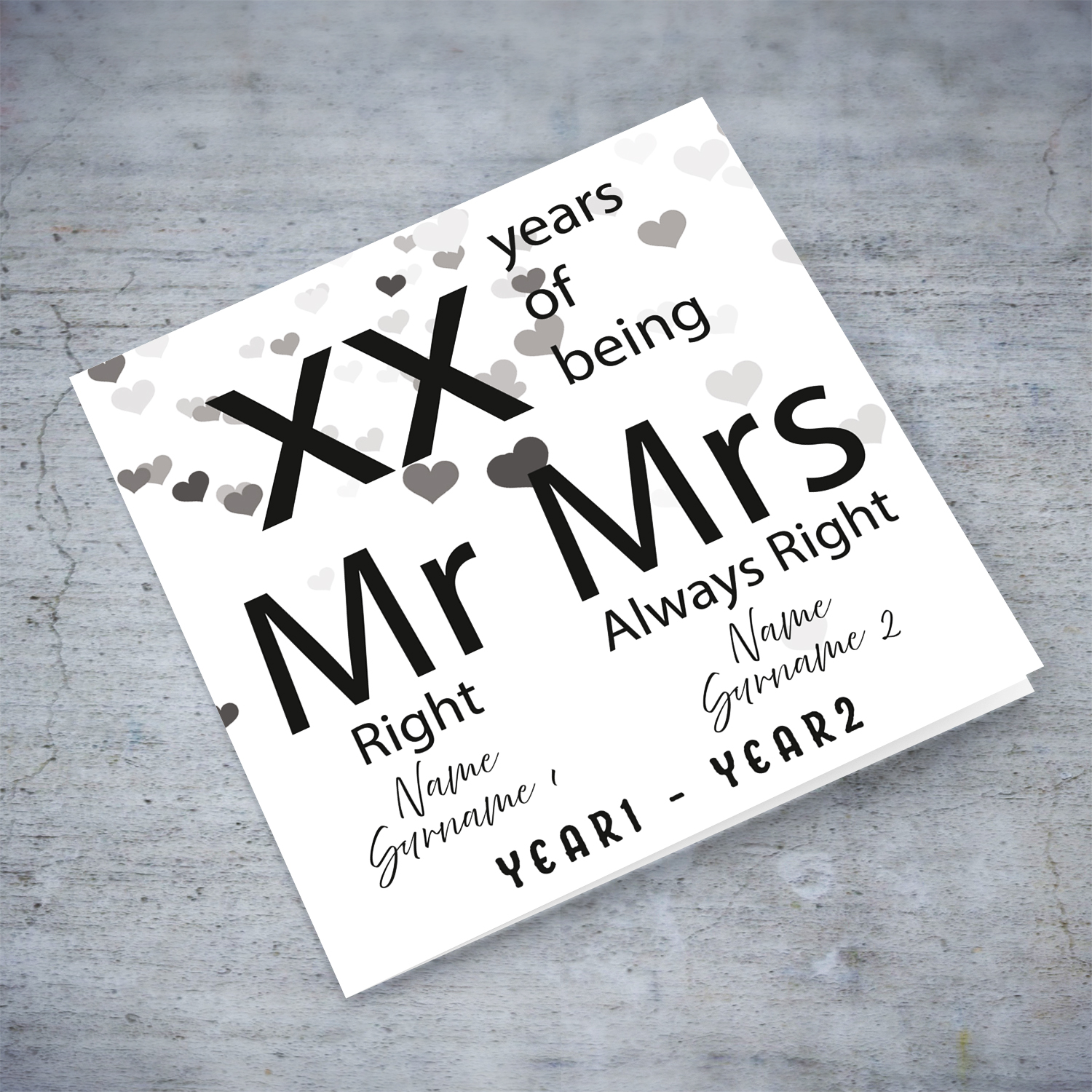 Monochrome Wedding Anniversary card with scattered gray hearts Mr & Mrs Right in English (Personalisable)